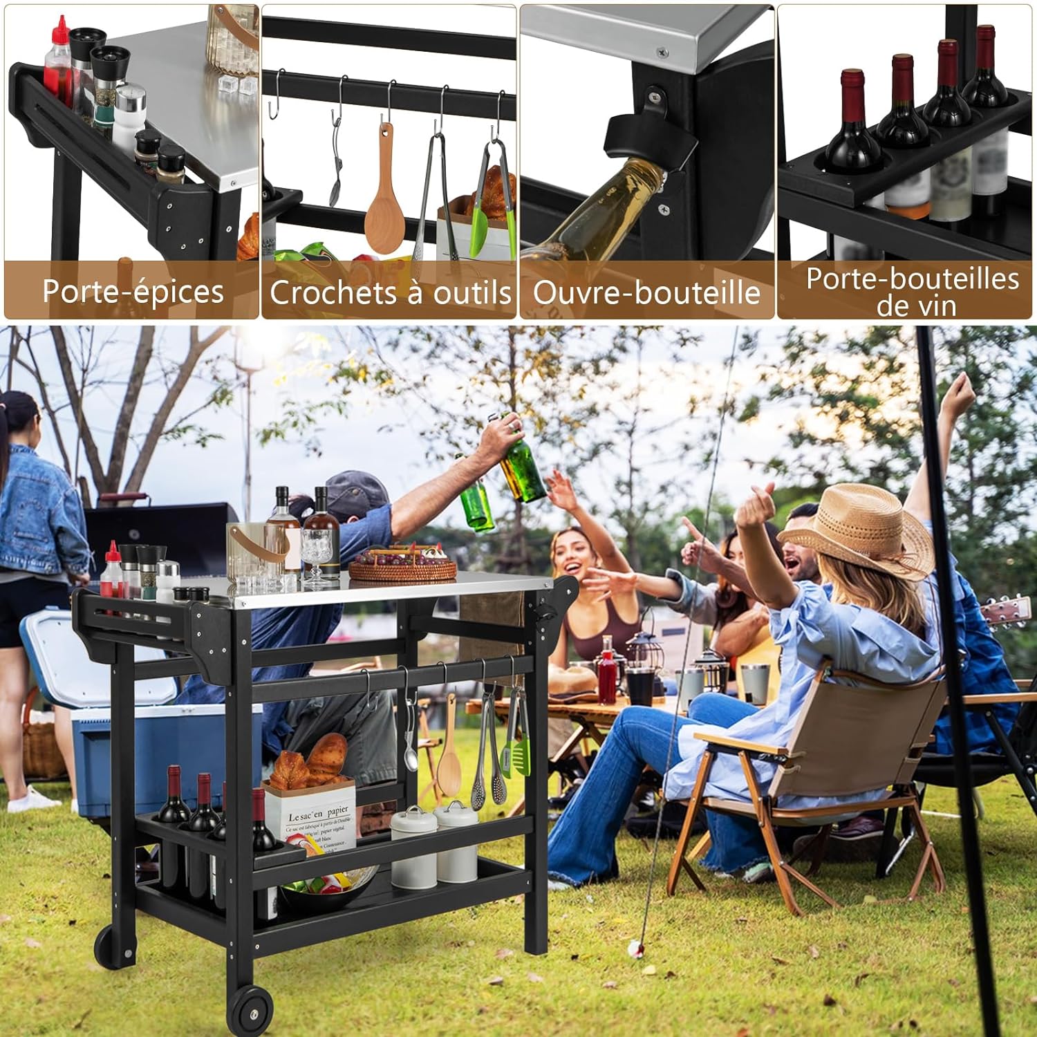 Chariot Extérieur pour Barbecue Desserte Plancha - Comptoir Acier Inoxydable, Poignée, Charge 115+35KG, 105x54x85 cm - 3