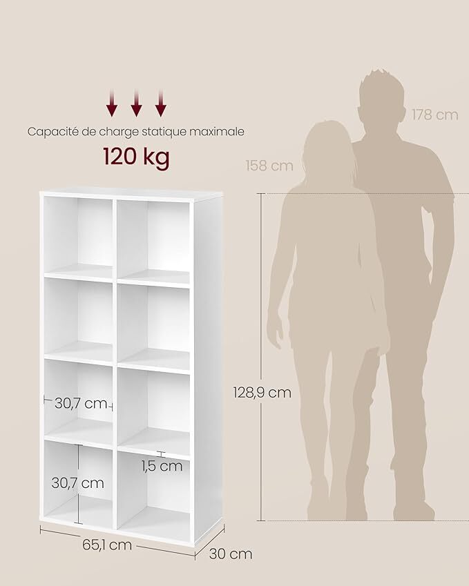 Bibliothèque à 8 casiers en bois Étagère de Rangement Armoire Maison Bureau Blanche - 5