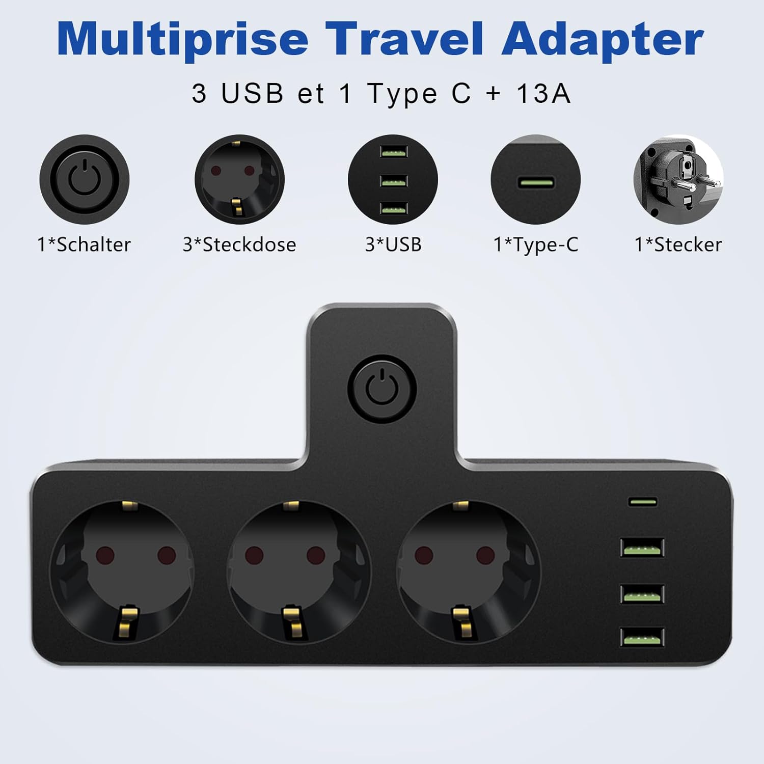 Multiprise murale, Multiprise avec interrupteur, 3 USB et 1 Type C, Multiprise 7 en 1, Multiprise USB, Multiprise noire, pour la maison et le bureau - 2