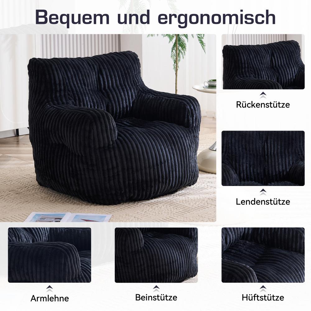 Fauteuil poire noir​ en velours côtelé, rembourrage mousse, chaise lounge confortable, tissu doux, siège salon chambre, design moderne - 4