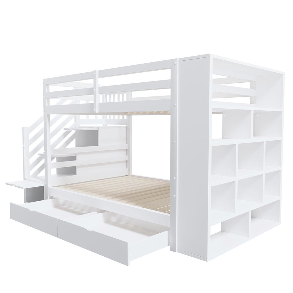 Lit superposé enfant 90x200 cm avec 2 tiroirs - Escalier de rangement - Étagères ouvertes - Barrière haute - Sommier à lattes - Blanc - 9