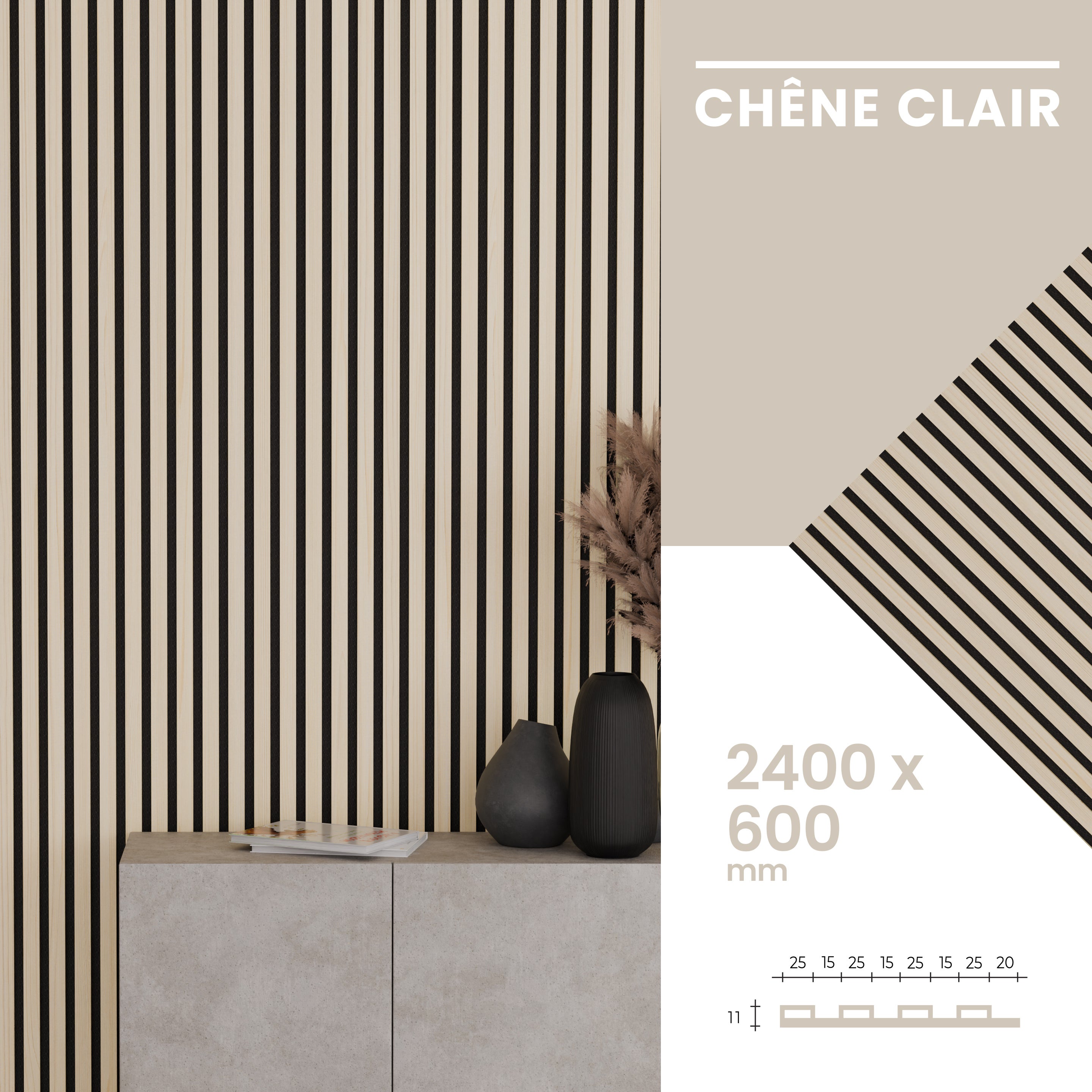 Lot 4 pièces - Panneau Acoustique - Chêne Clair - Feutrine Noir - 240x60x1.1cm - 5