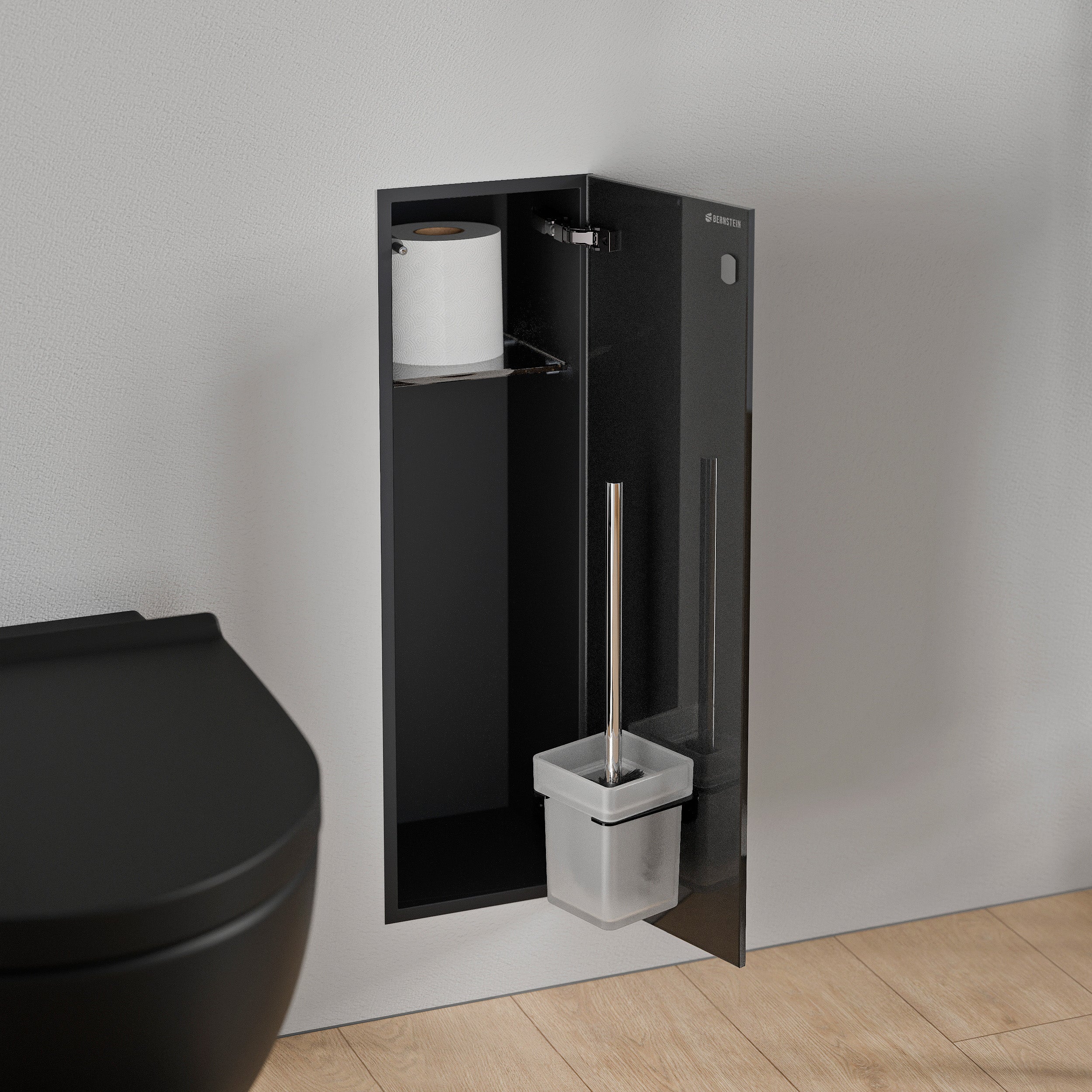 BERNSTEIN - Niche module acier inox WC encastré verre noir mat 16x16x58 (LxPxH) porte brosse toilettes + 1 étagère, charnière à droite - RIA - 2