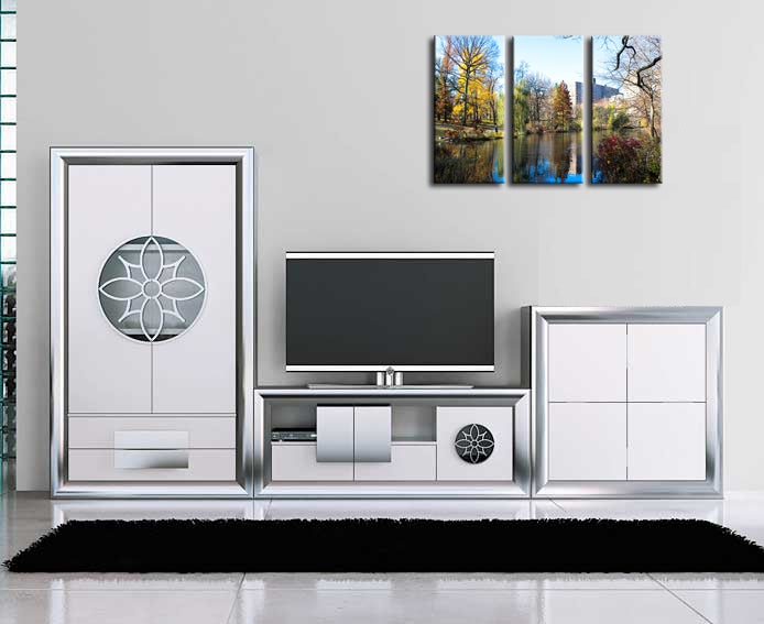 Paisaje lago en ciudad, impresión fotográfica sobre madera, cuadro moderno decorativo