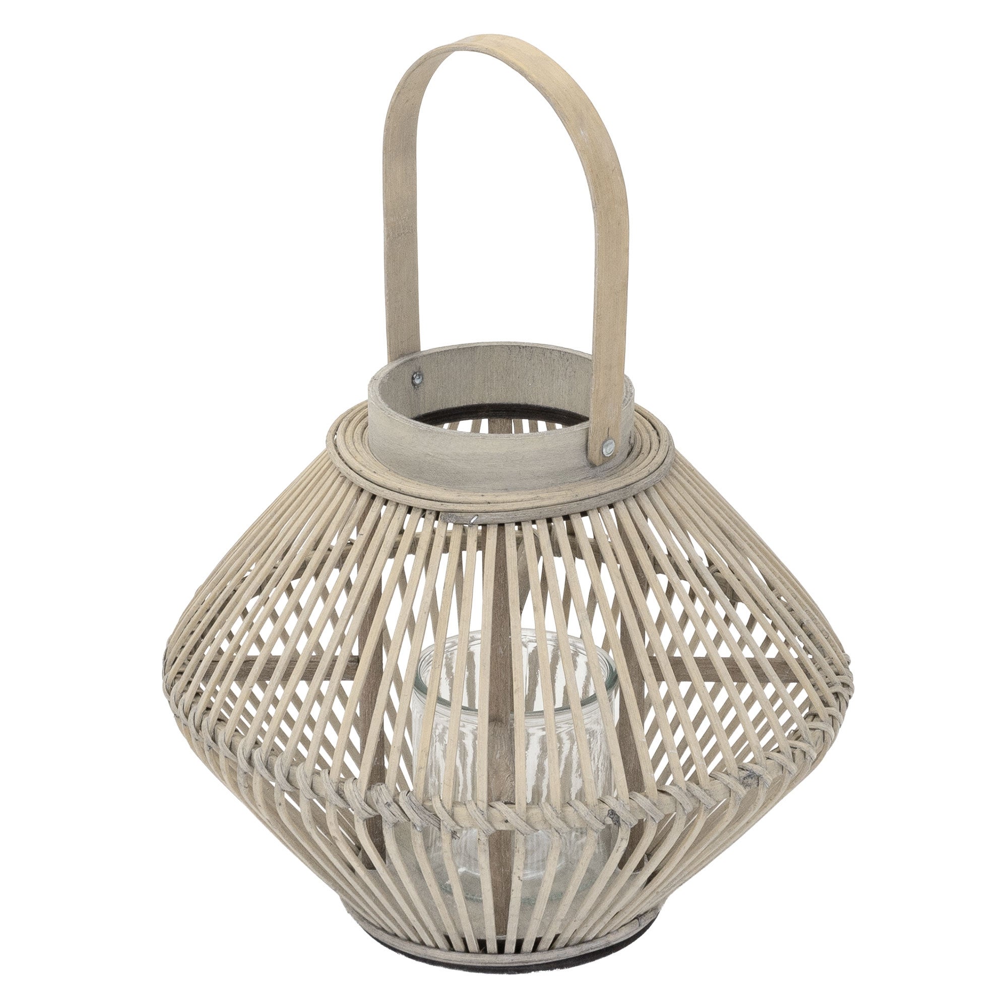 Felinar decorativ de gradina ECD Germany, inaltime 42 cm, culoarea lemnului, din bambus natural, suport pentru lumanari cu insertie din sticla