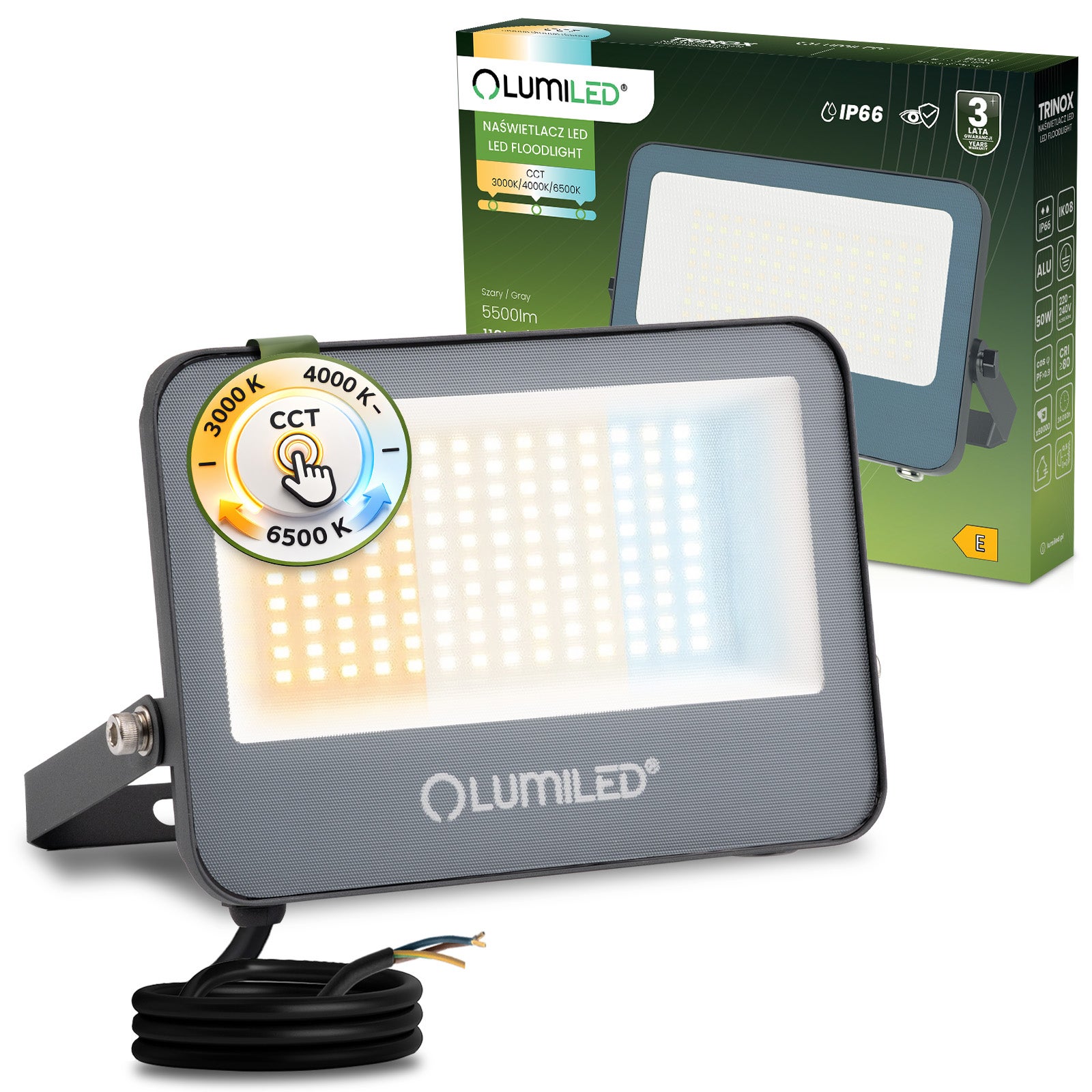 Naświetlacz LED Lumiled TRINOX 50W 5500lm CCT IP66 Szary 1 szt.