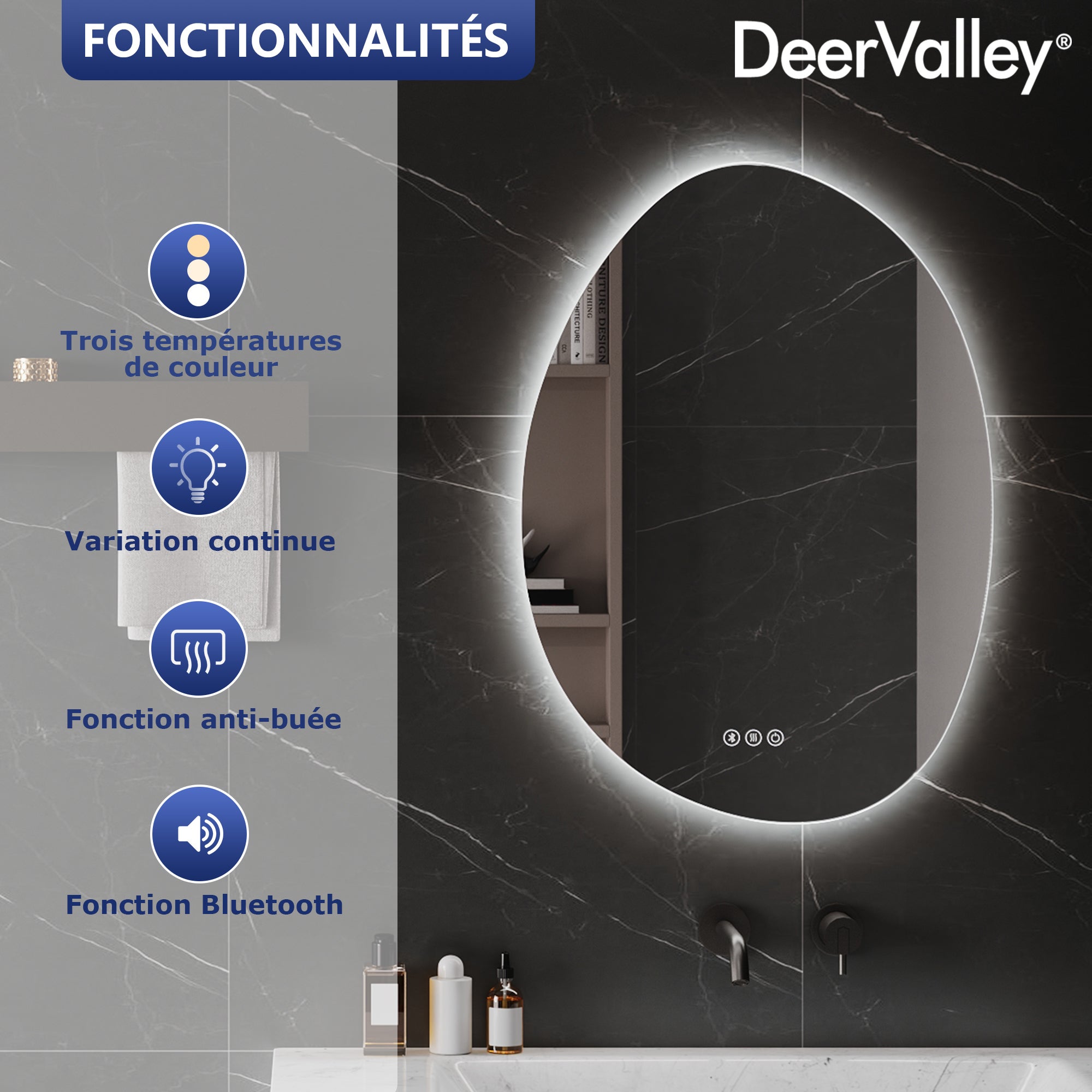Miroir de Salle de Bain LED 50x70cm – Anti-buée, Bluetooth, 3 couleurs 3000K-6000K – Miroir lumineux salle de bain variateur & mémoire - 3
