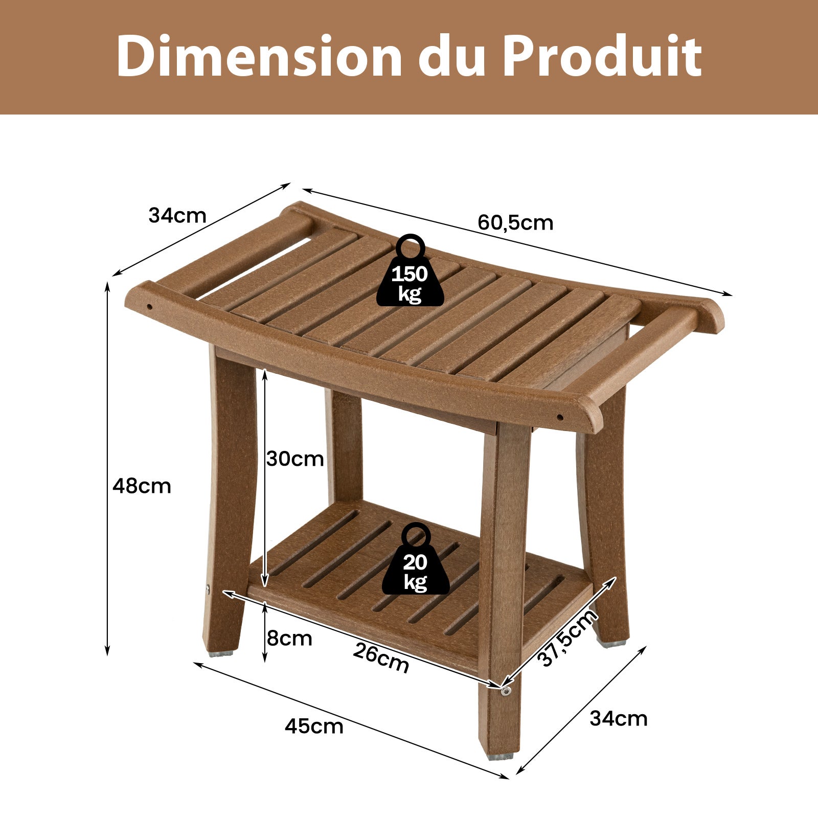 Tabouret Salle de Bain 2 Niveaux en PEHD Étanche, Banc de Douche Antidérapants Siège Incurvé pour Enfants et Adultes Charge 150kg, Marron - 5