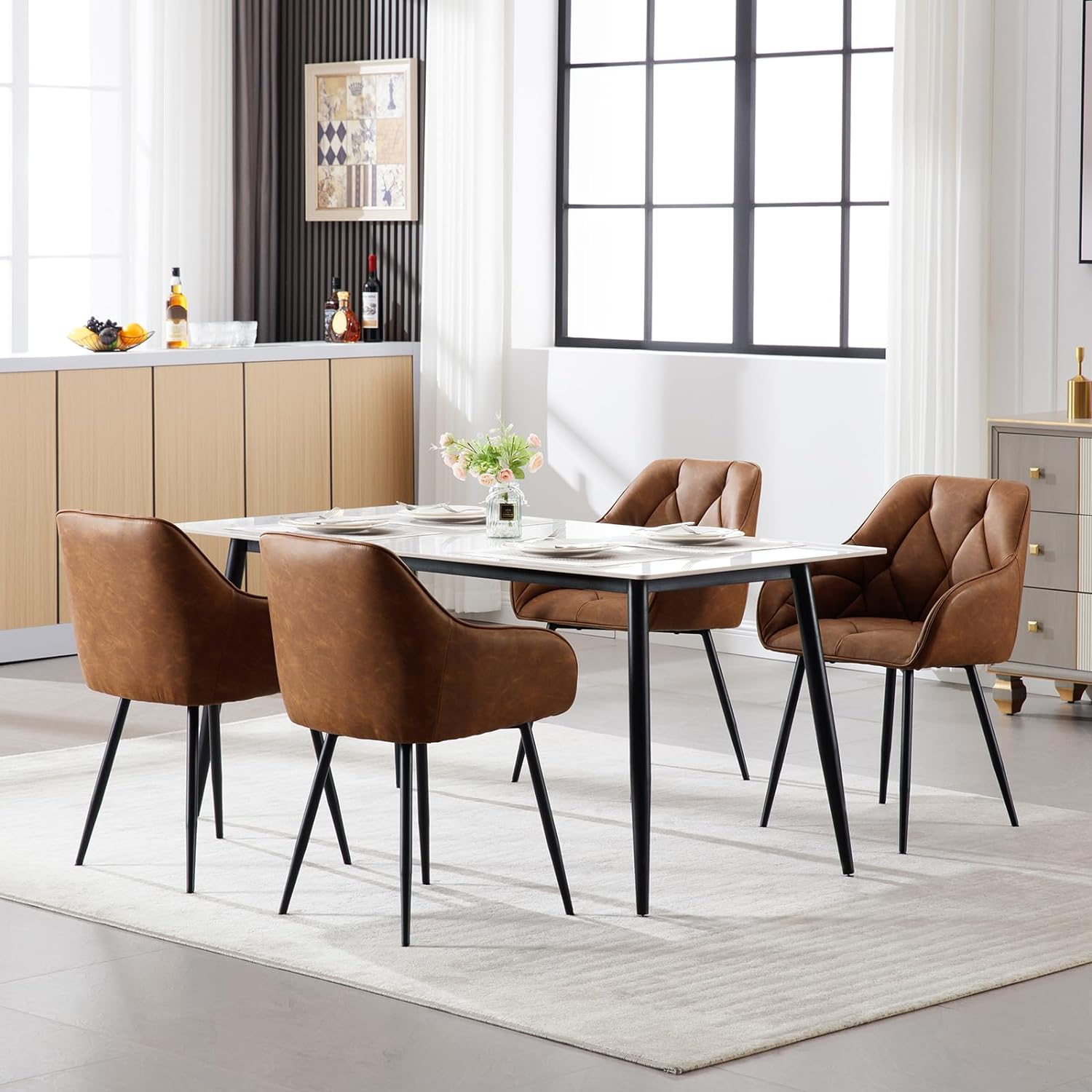 Lot De 6 Chaises De Salle à Manger Vintage Années 50 – Bois Et Cuir Marron – Occasion