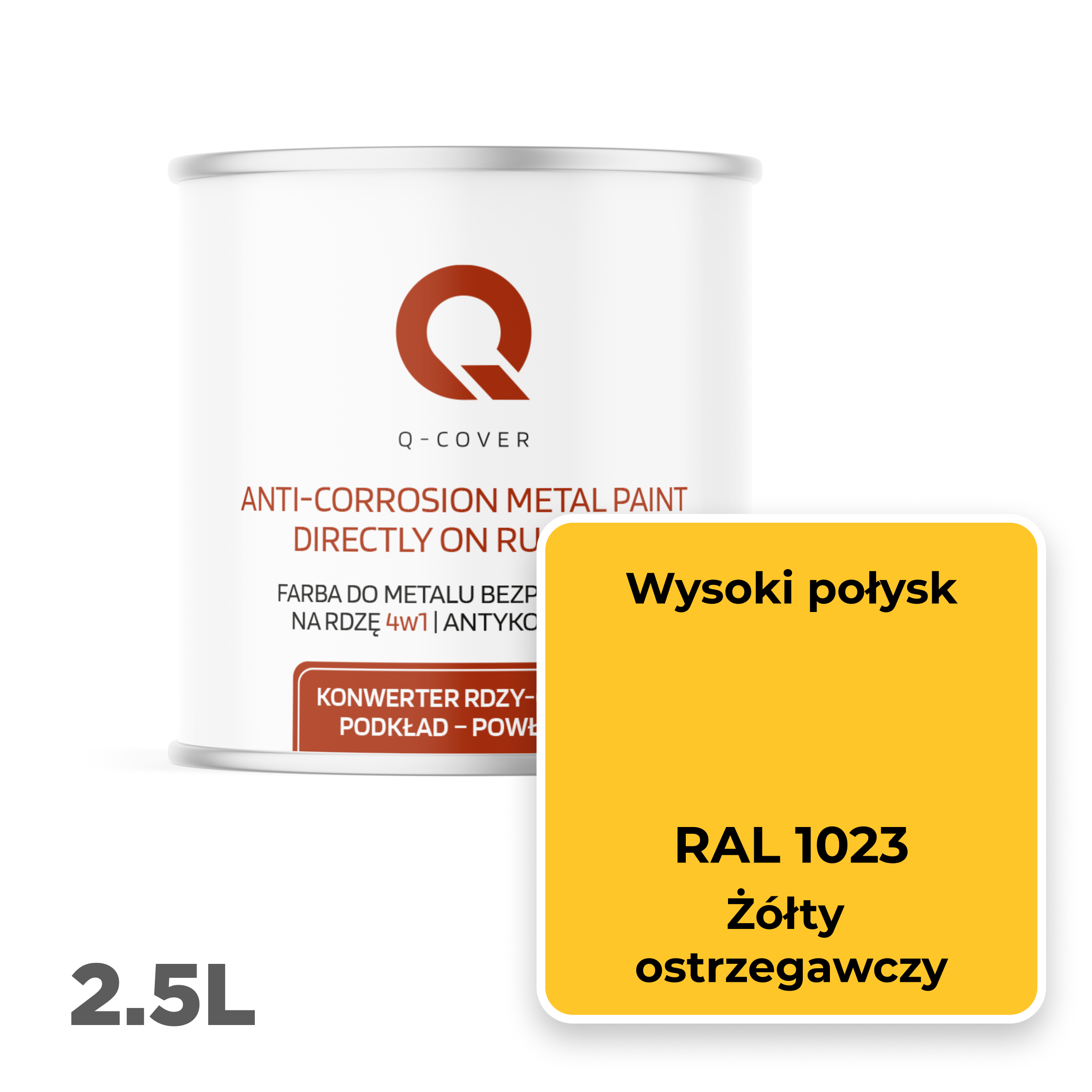 Farba do Metalu Prosto na Rdzę 4w1 Q-Cover Żółty ostrzegawczy RAL1023 Wysoki Połysk 2.5L