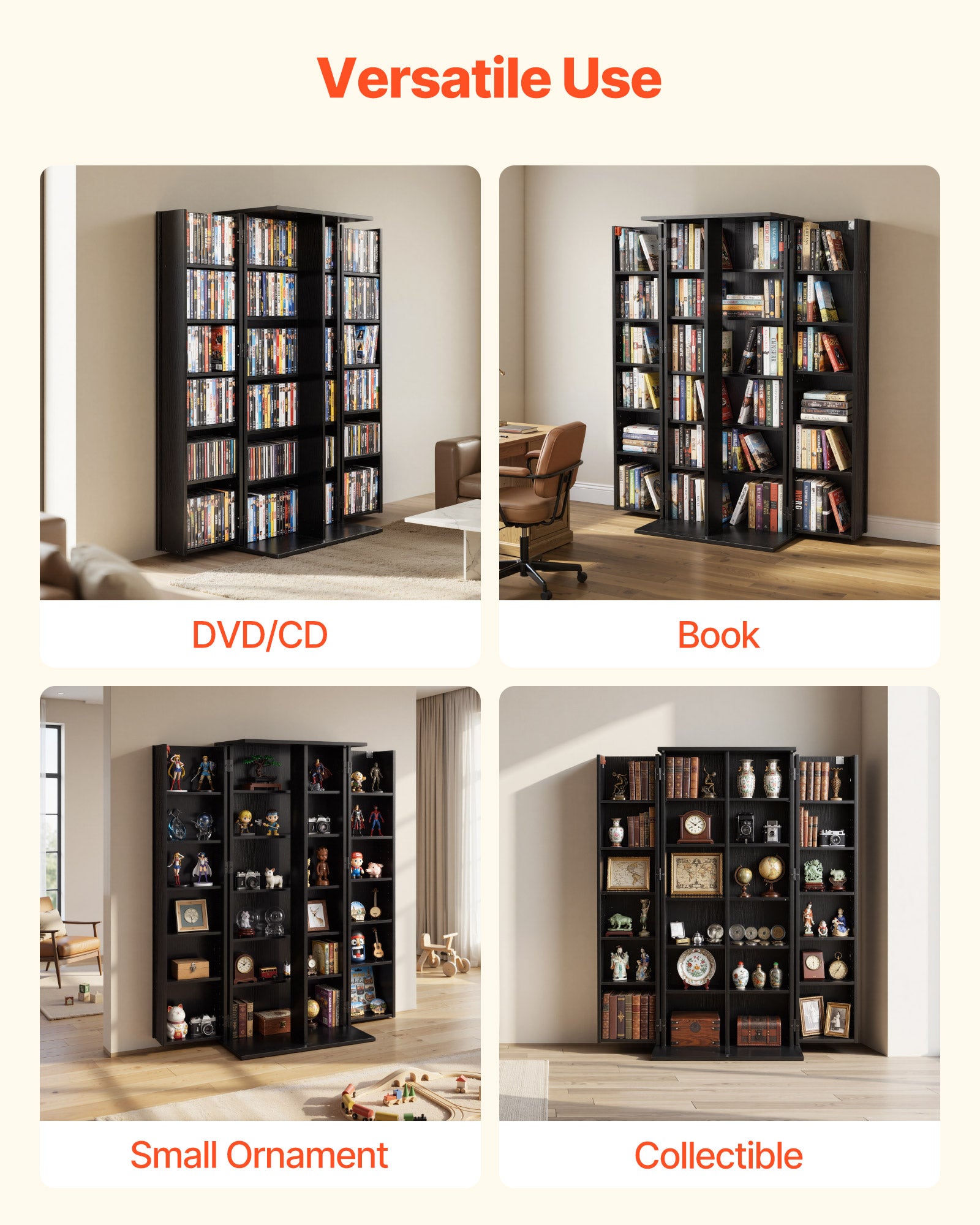 Estante VEVOR, armário multimédia de 6 níveis, estante com portas e prateleiras ajustáveis ​​para CD, DVD, livros e jogos, 610 x 368 x 1270 mm - 6