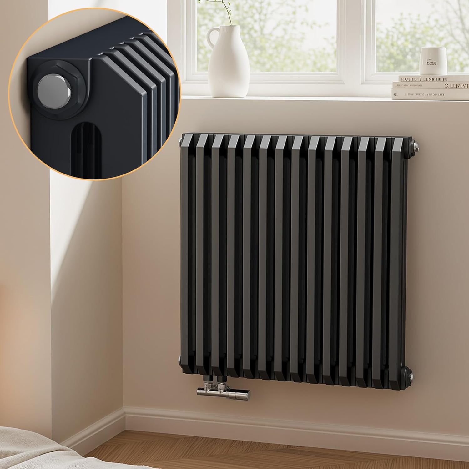 EMKE Grzejnik Stalowy Podwójny Poziomy 969W, 60x59,4 cm, 4 bar, do 13 m² – Antracytowy