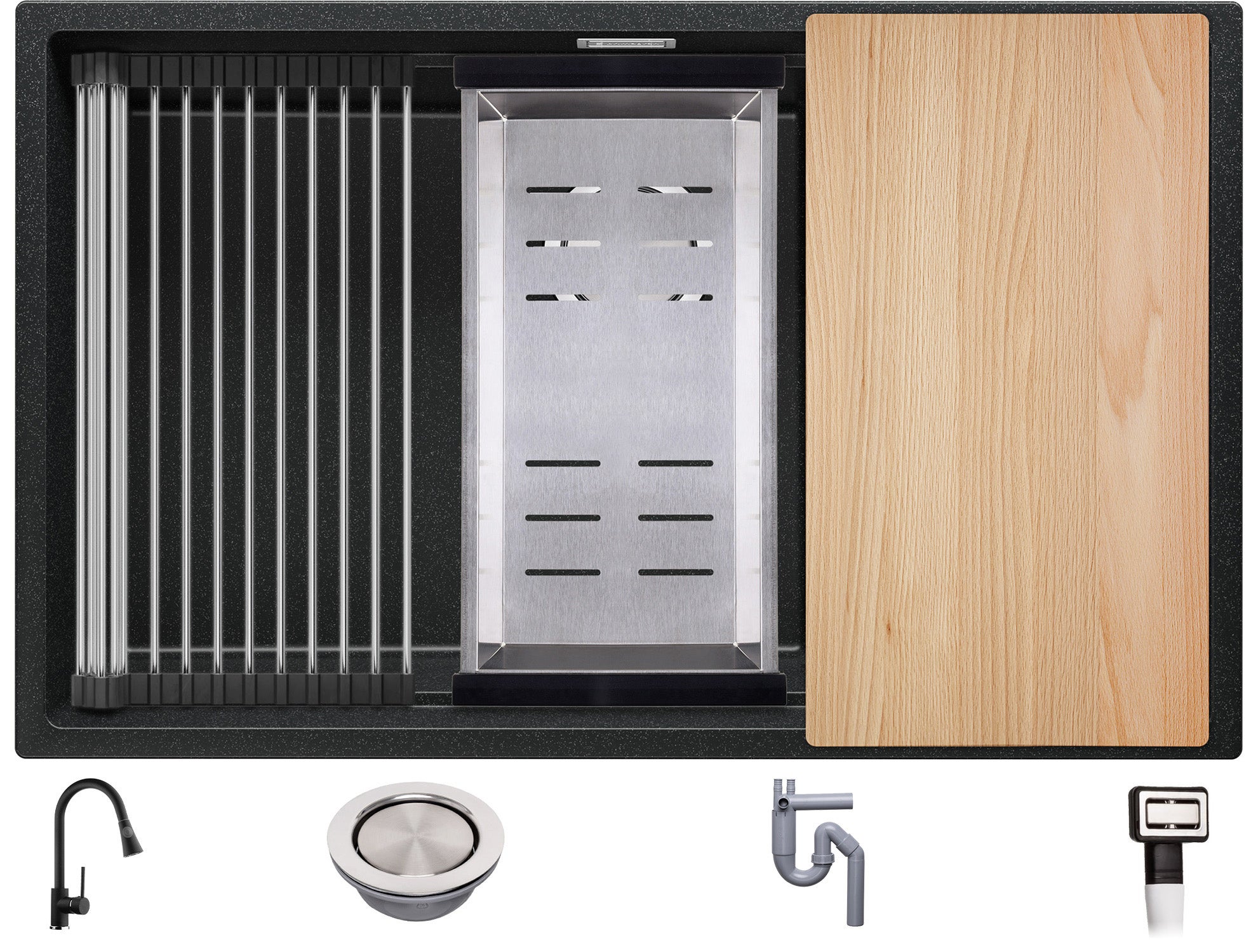 Evier Cuisine en Granit Graphite 76x47cm, 1 bac + Kit de Vidage