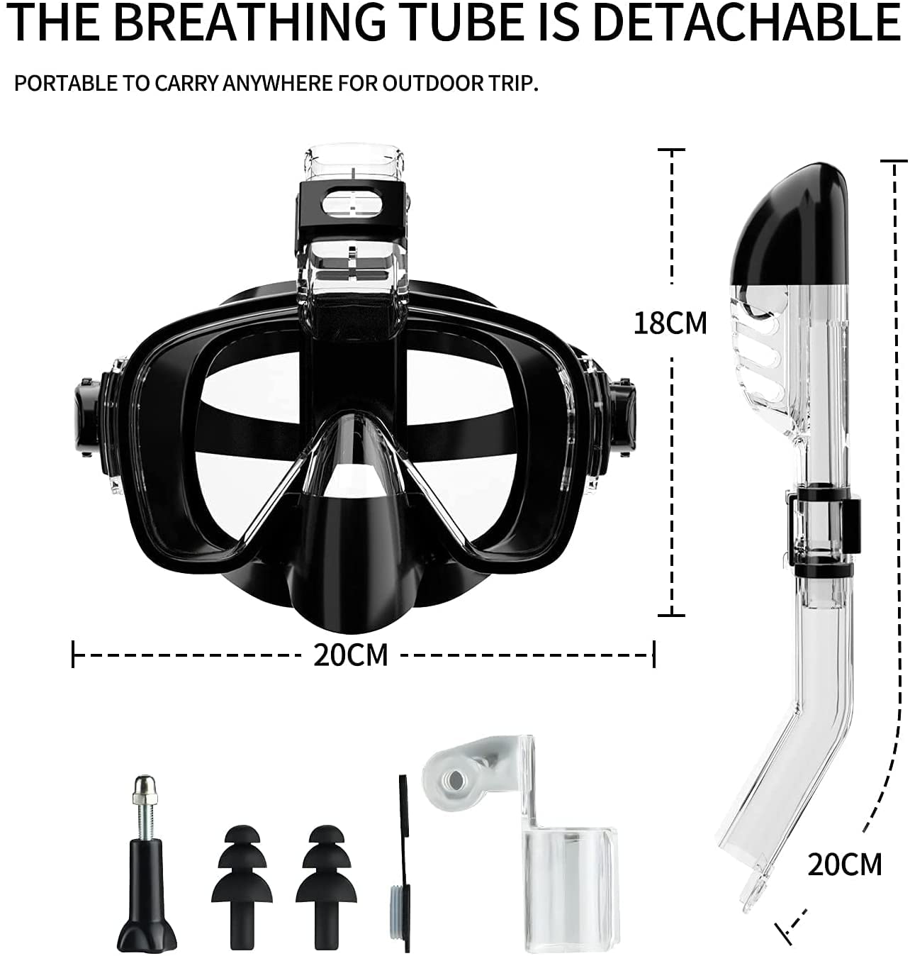 Masque de plongée et tuba en silicone antibuée, équipement de snorkeling panoramique, adapté à la natation et au snorkeling, noir - 3
