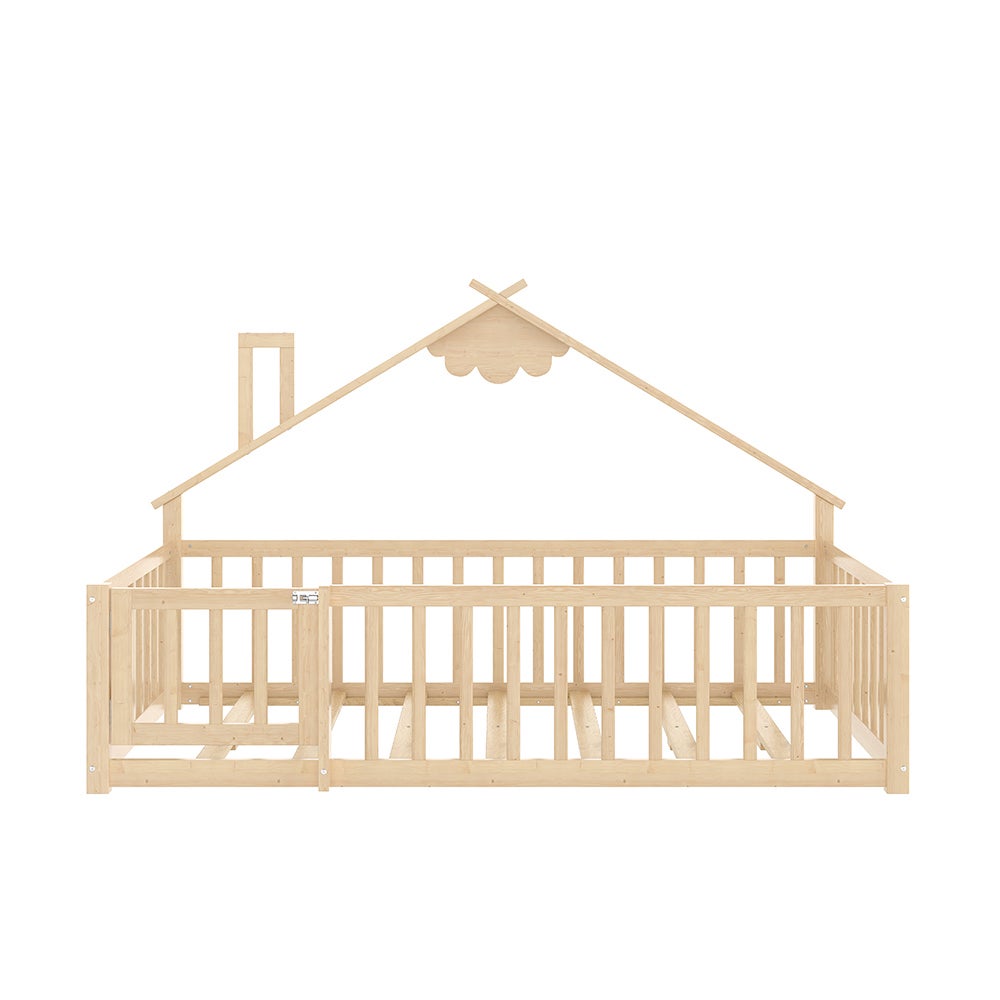 Lit cabane lit enfant 90x190 cm bordure barrière avec serrure bois de pin naturel - 4