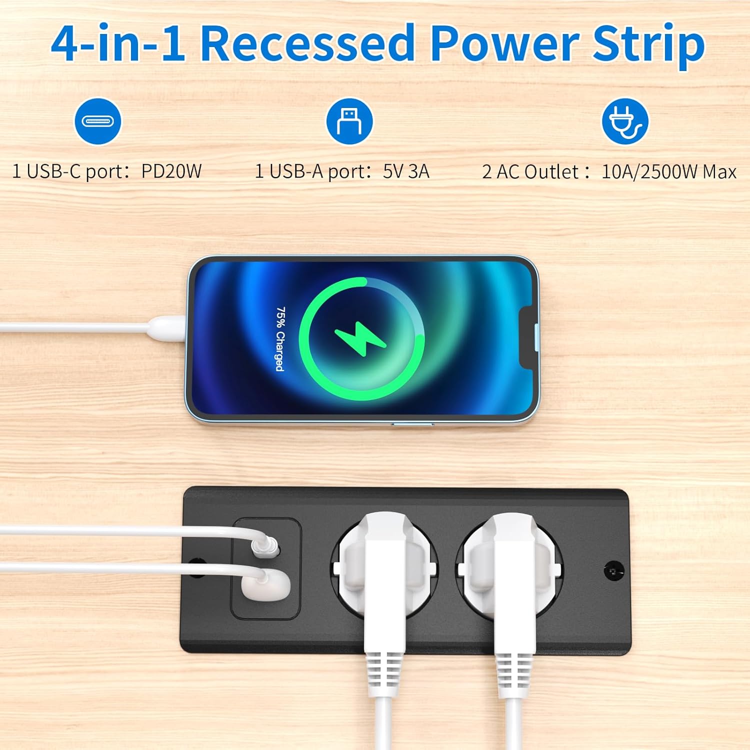 Prise encastrable avec USB C 20 W, 2 Prises de Table avec USB A et Type-C, 4 en 1, Plateau de Table, Triple Prise encastrée avec câble d'extension - 3