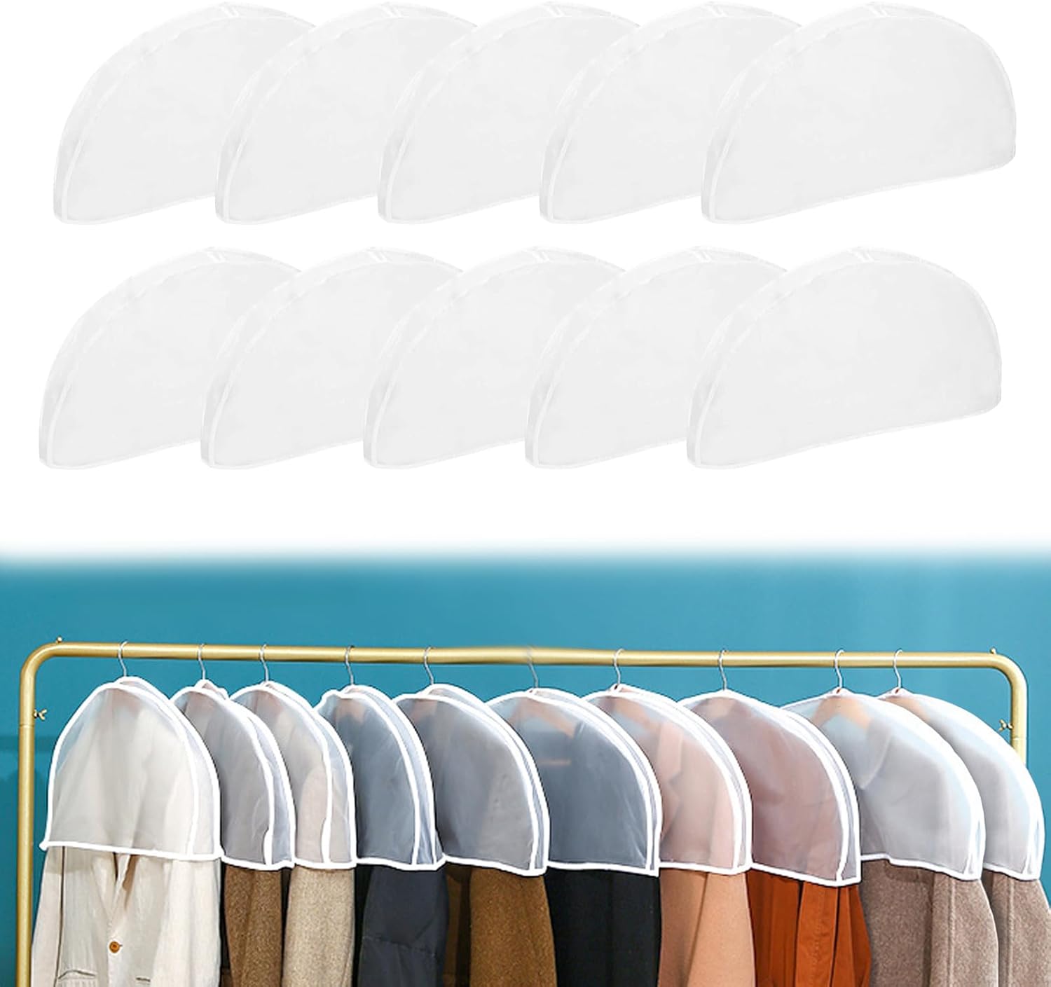 Zestaw 10 pokrowców na ubrania, pokrowców na garnitury, wiszących, nadających się do prania, przezroczystych, pyłoszczelnych, pokrowców na ubrania do