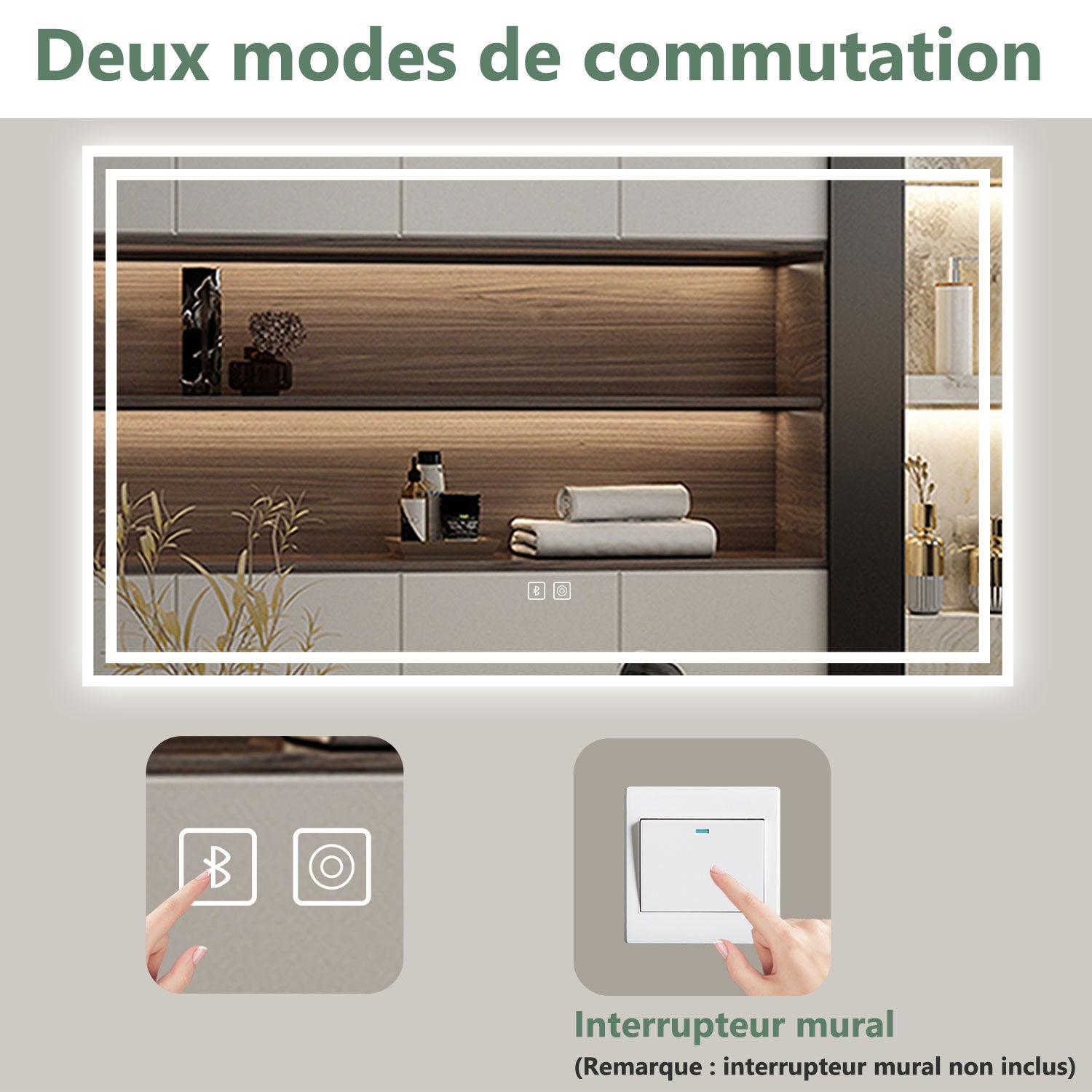 AICA Miroir lumineux 80 x 60cm, bluetooth + 3 couleurs + dimmable + anti-buée + mémoire, miroir salle de bain led - 7