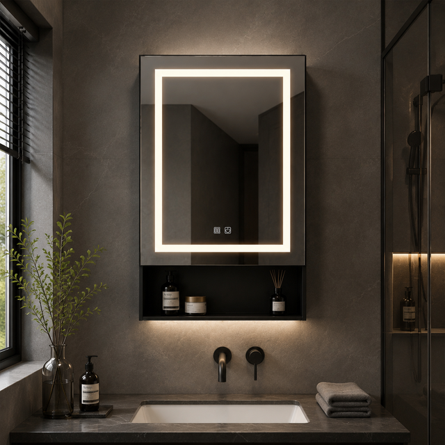 Armoire Toilette Miroir avec LED, Armoire Murale Salle de Bain avec Rangement, Fonction Anti-Buée, 3 Températures, étagère Réglable,50x88x16cm