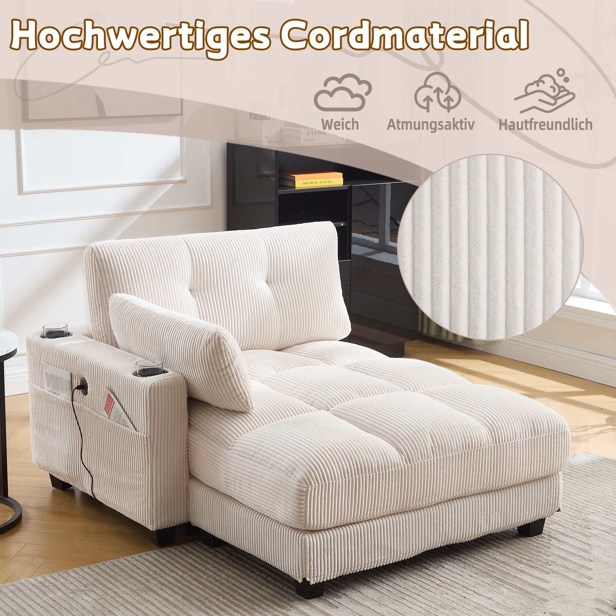 Fauteuil Relax , Fauteuil Relax Beige Rembourré avec Porte,Gobelets et Ports USB , Tissu Kordsamt - 7