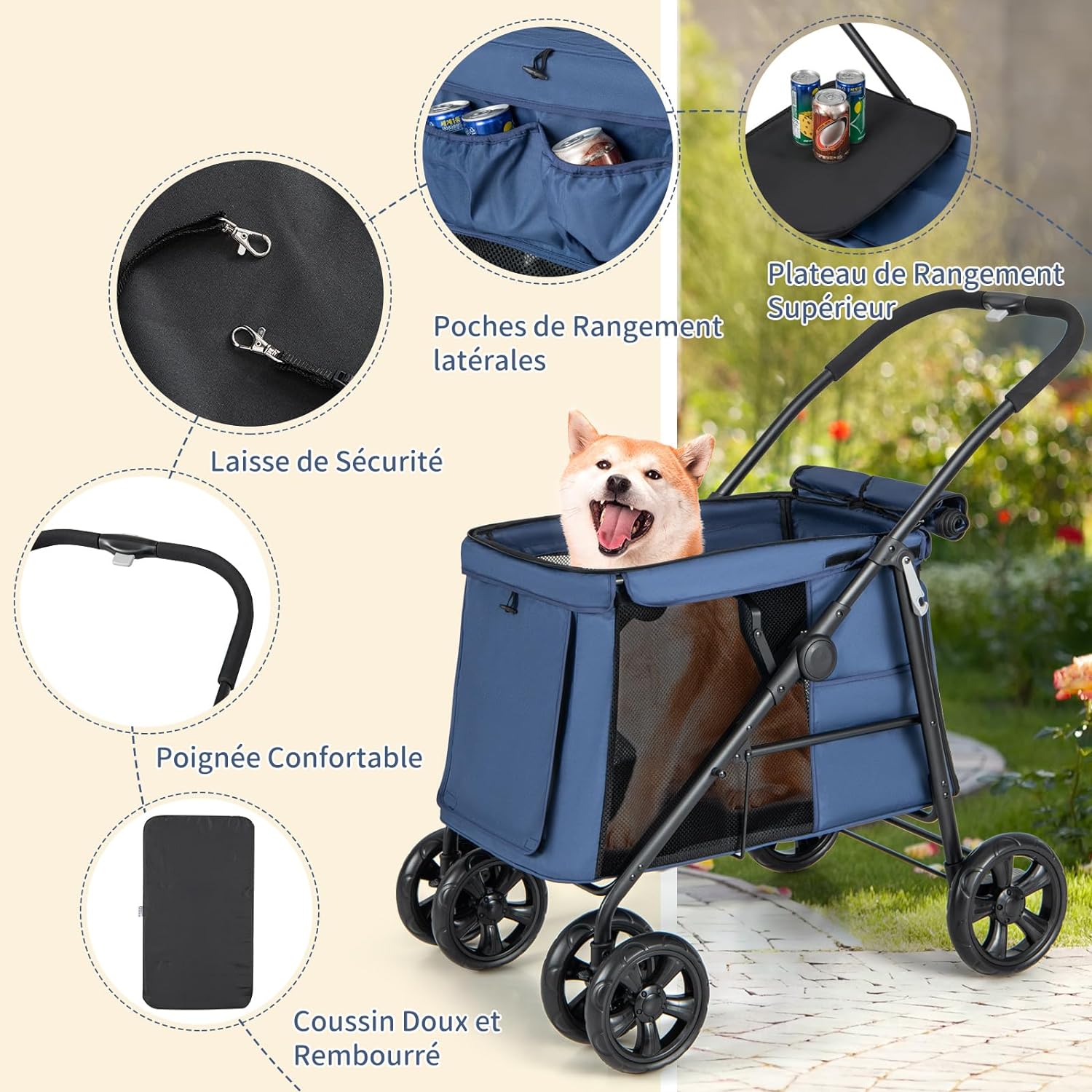 Passeggino per Cani Pieghevole, Carrello a 4 Ruote per Animali Domestici Piccoli e Medi, Trasportino Portatile con Ruote, Lucernario e Tasche, - 5