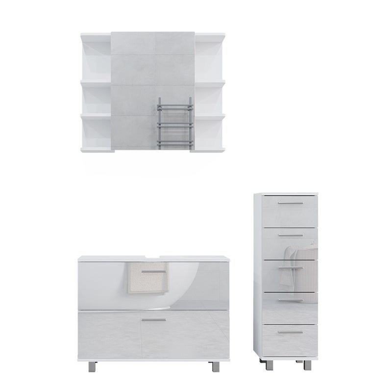 Vicco Zestaw mebli łazienkowych Ilias, Biały wysoki połysk, 3 części, z podstawą 80 cm