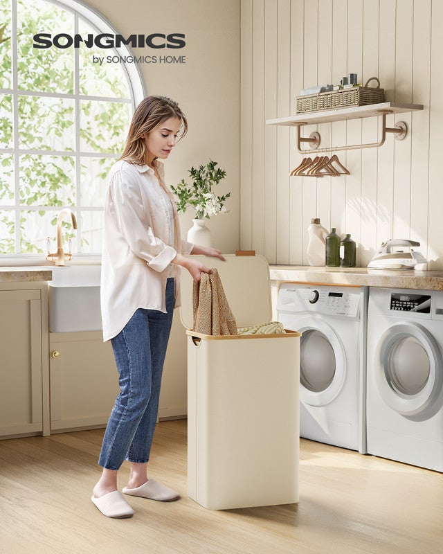 Panier à Linge Mince avec Couvercle, 90L, Gain de Place, Tissu Oxford, Poignées en Bambou, Pliable, 42 x 32 x 70,5 cm, Blanc Crème - 2