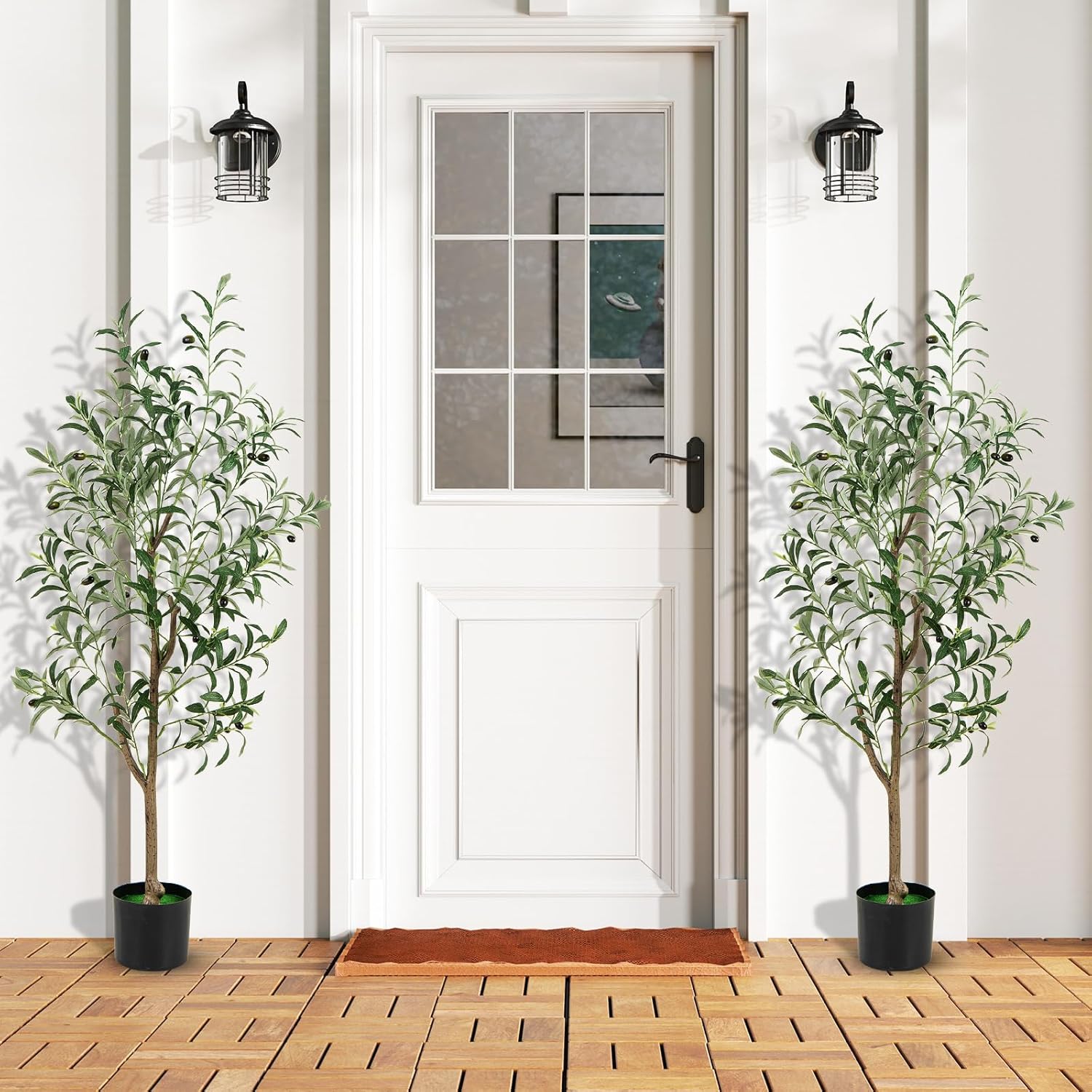 Lot de 1/2 arbres d'olivier artificiels, fausse plante de 130 cm avec feuilles et fruits réalistes, tronc résistant en polyéthylène et base stable - 2