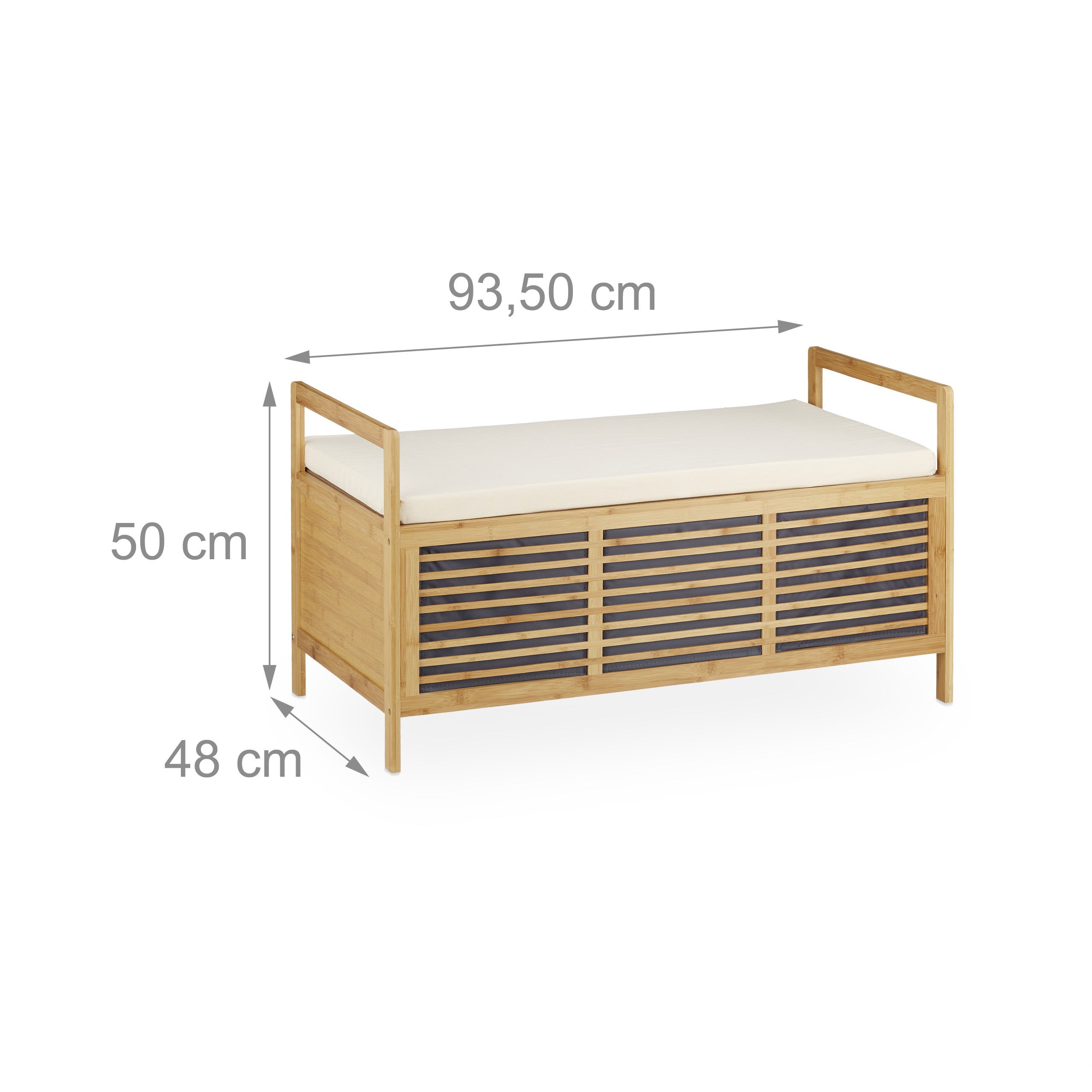 Banc avec rangement et coussin, coffre en bambou pour l'entrée, taille L, 50 x 93 x 48 cm, naturel, Relaxdays - 4