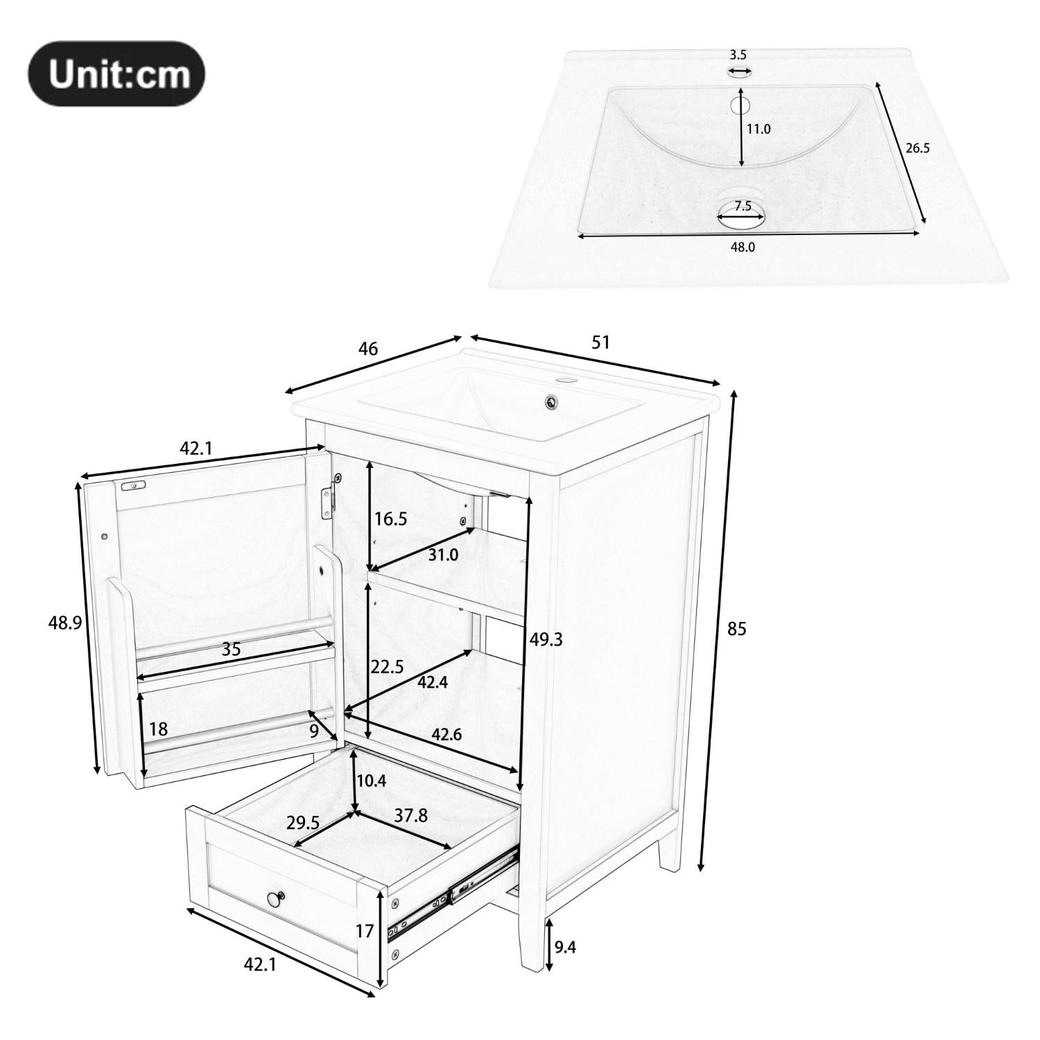 Mobile lavabo 51x46x85 cm con lavandino in ceramica, cassetto silenzioso, ripiano regolabile, design impermeabile in MDF, bianco - 7