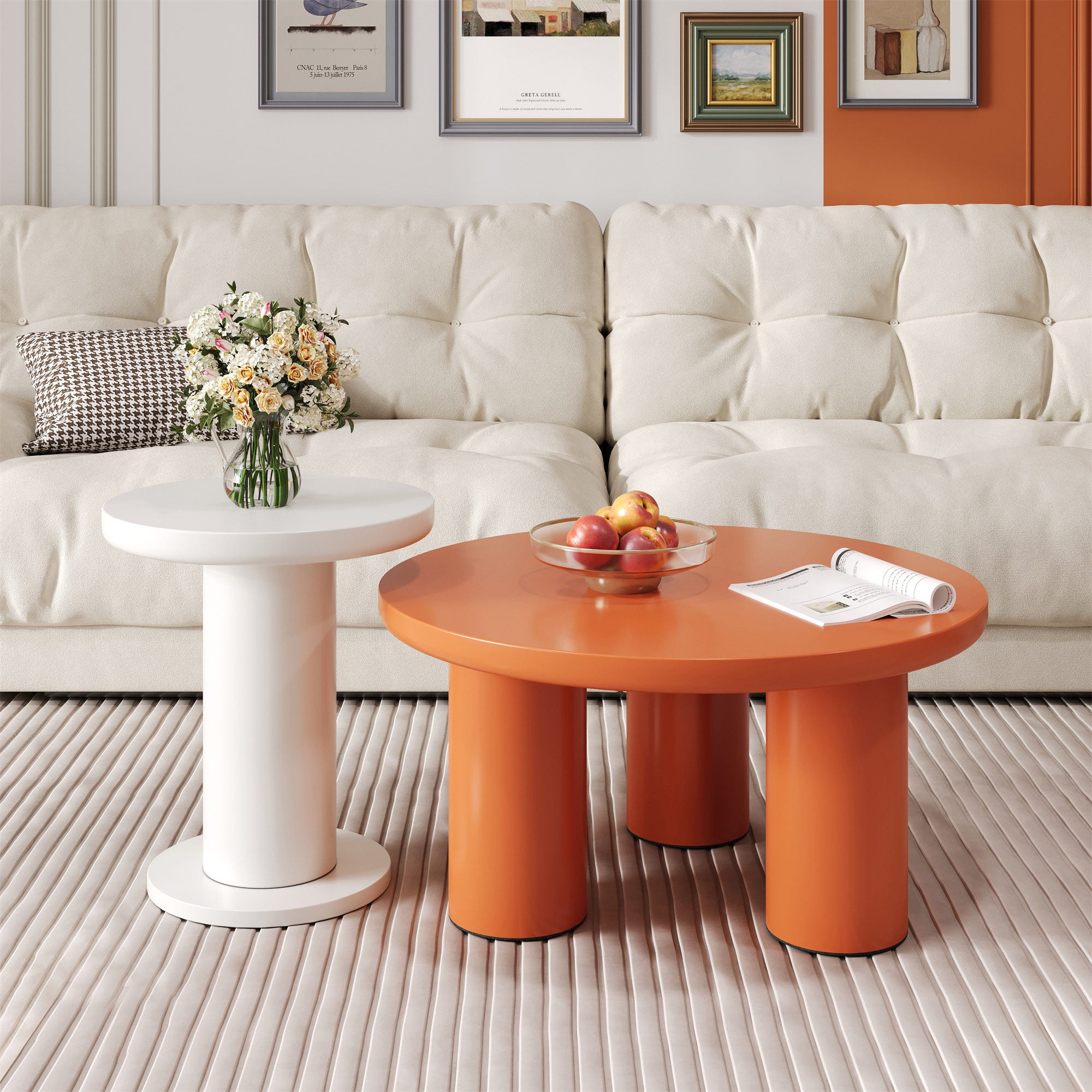 Set de table basse ronde, MDF laqué, pieds en PVC, crème et orange ...