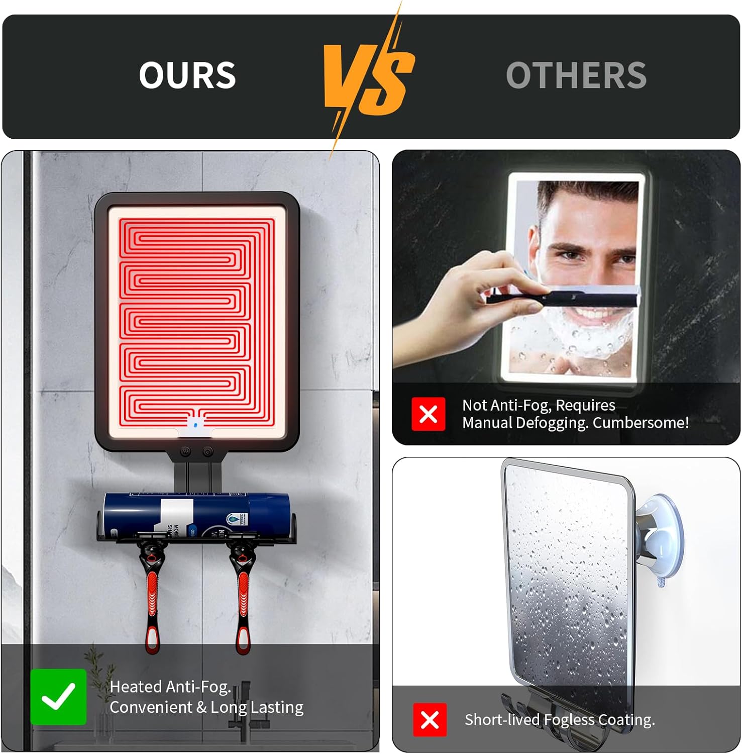 Lustro prysznicowe z powłoką antyparową i oświetleniem, ładowalne, 3 tryby kolorów, ze schowkiem, czarne 32×17,5 cm - 3