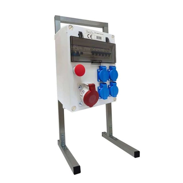 Coffret de chantier triphasé 400V - 1 prise 5P 32A, 4 prises 2P+T 16A avec arrêt d’urgence et support, TecKo