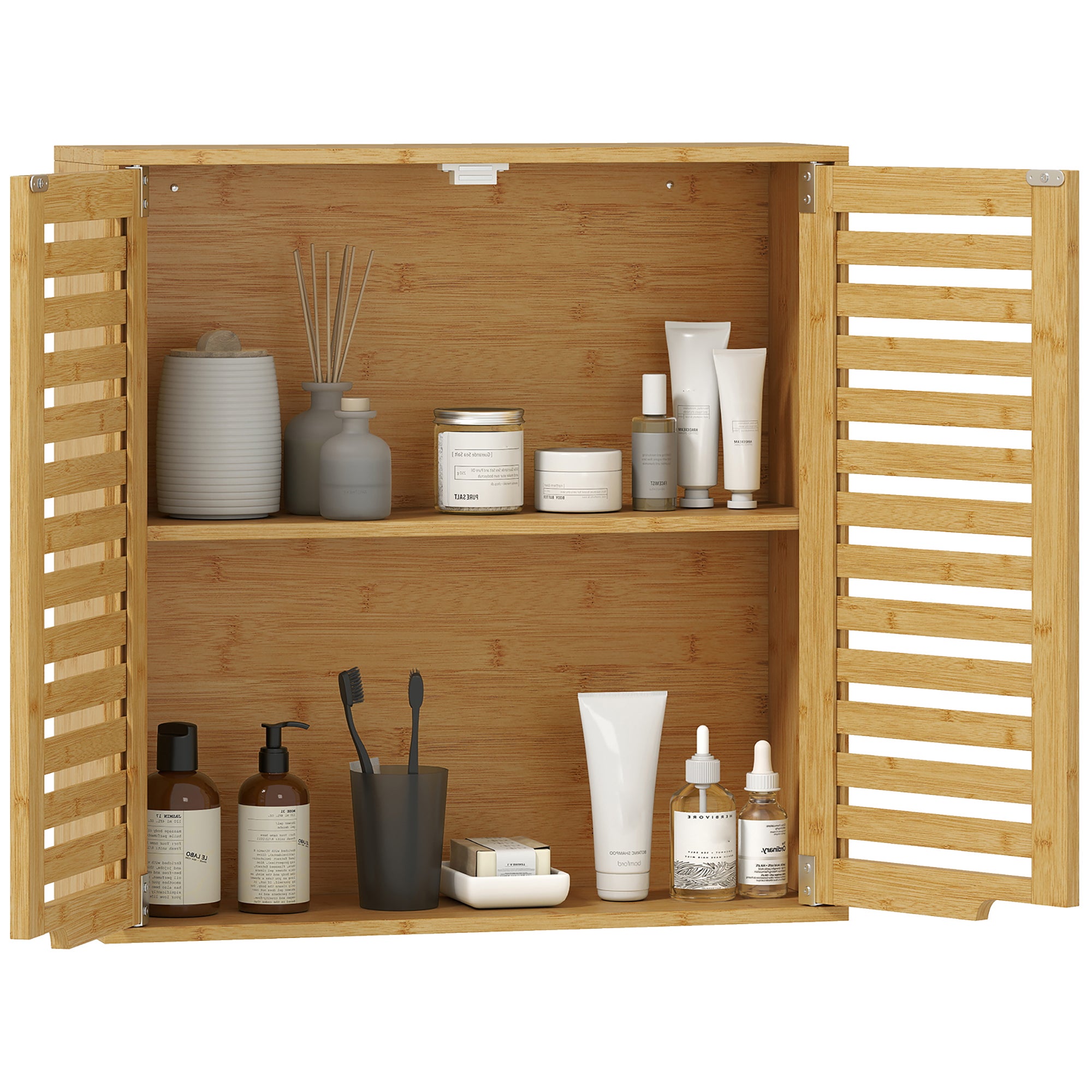 Armario de baño con estante interior ajustable y puertas con persiana, bambú, 60x20x60 cm, color madera.