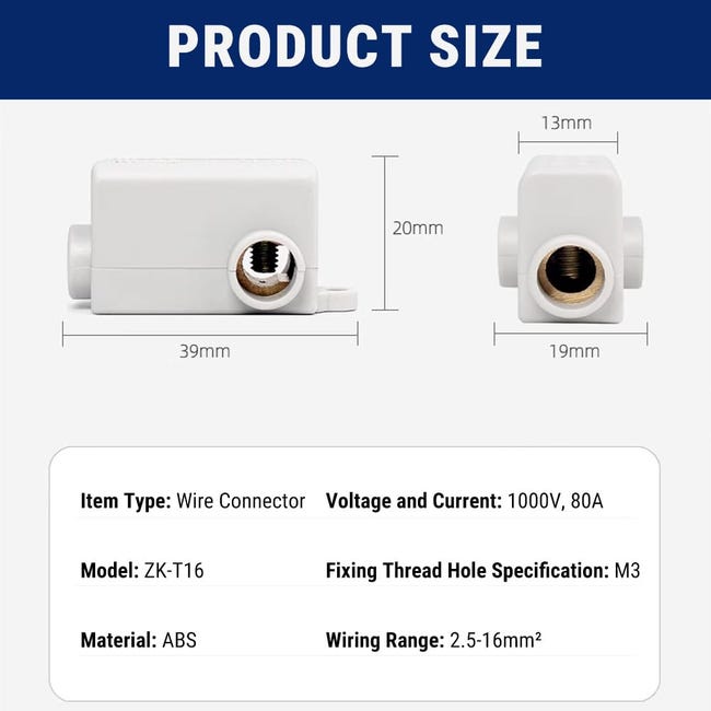 5 Pièces Connecteur Fil En T (Type ZKT16) - Borne à Vis 1000V 80A - Pour Câblage Prise, Interrupteur, Voiture (2.5-16mm²)