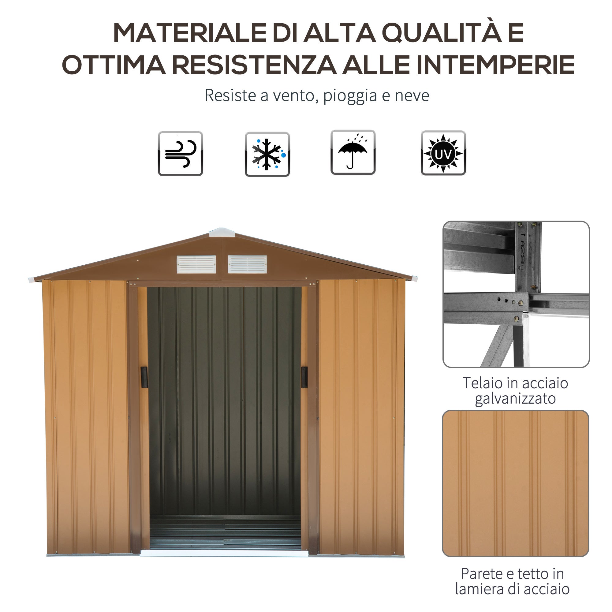 Outsunny Casetta Giardino 2.42m², Acciaio, Porte Scorrevoli, 213x130x185cm, Giallo - 5