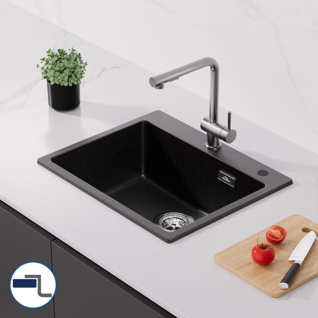 Lavello Da Cucina In Granito Nero 40x45cm - Da Incasso Rettangolare Con Scolapiatti E Foro Rubinetto - Foto 4