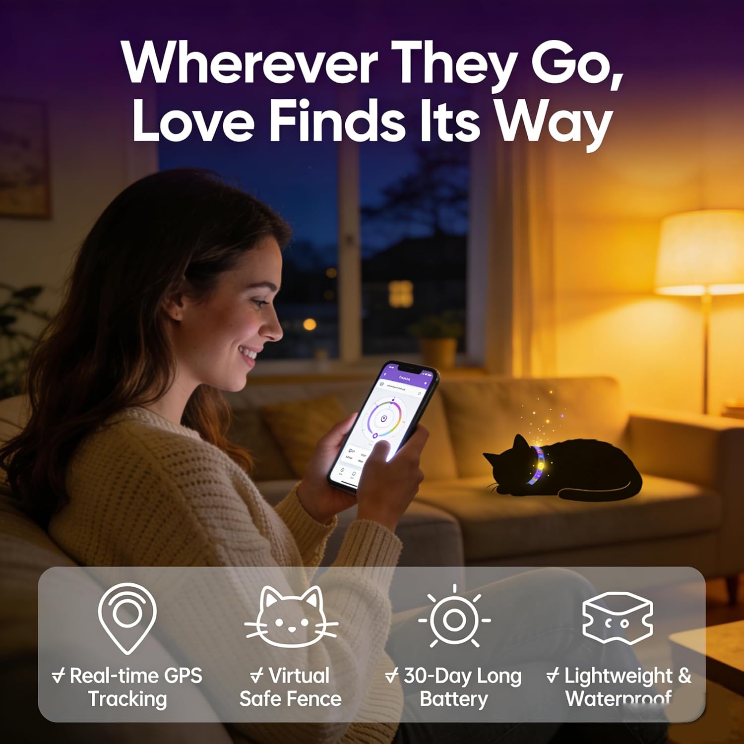 Collier GPS Chat, Traceur Tracker, sans Abonnement Mensuel,Localisation Temps Réel, Imperméable et Durable, Alerte Intelligente (Noir) - 4