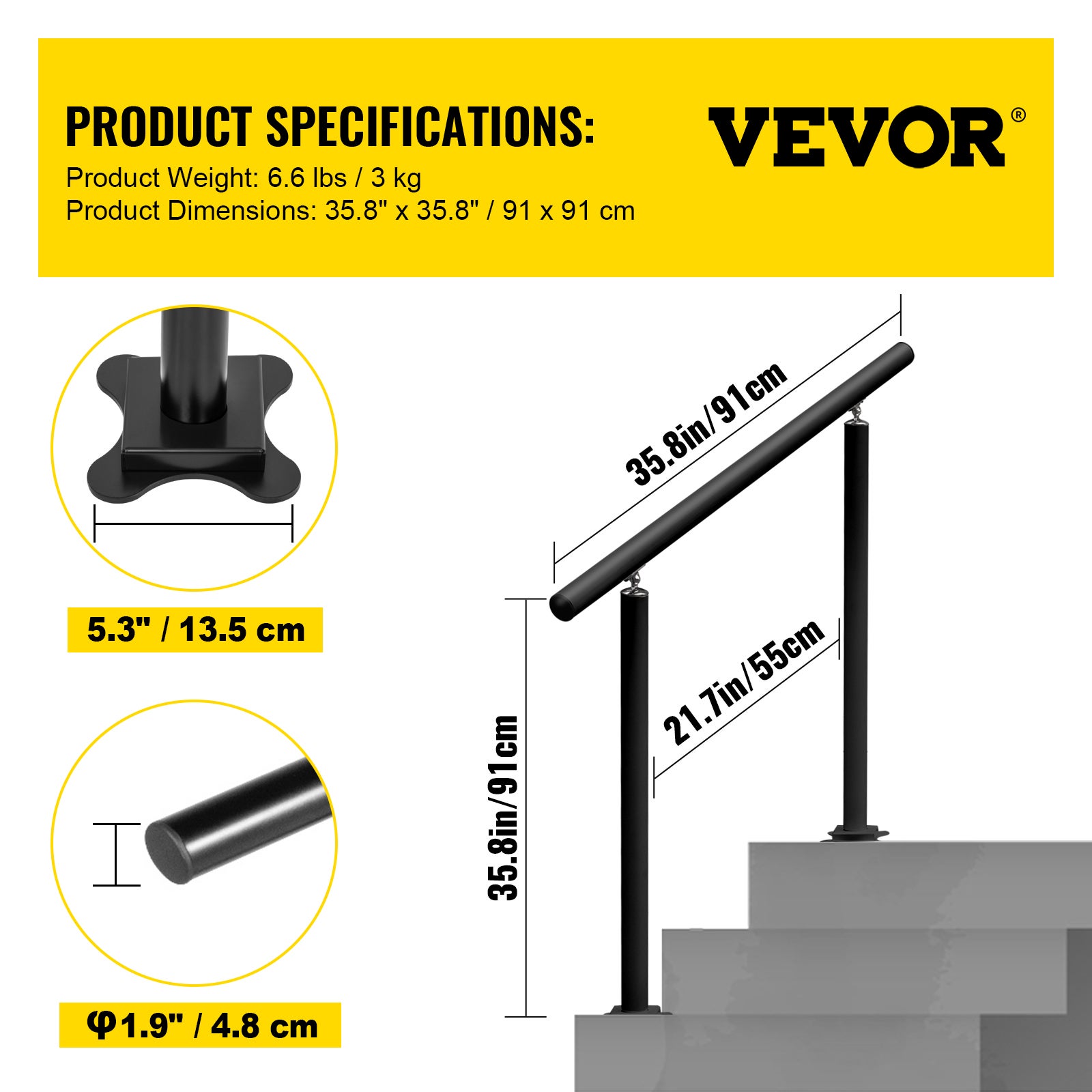 Kit Rampe d’Escalier Noir en Aluminium/Fer,VEVOR Garde-Corps Extérieur pour Terrasse ou Construction,Main Courante Balustrade Robuste - 7
