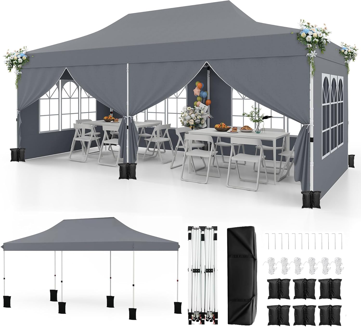 Składana Altana 3x6 m z 6 Ściankami Bocznymi, Składany, z Filtrem UV 50+, Wodoodporny, 6 Worków z Piaskiem, Torba Transportowa, Szary