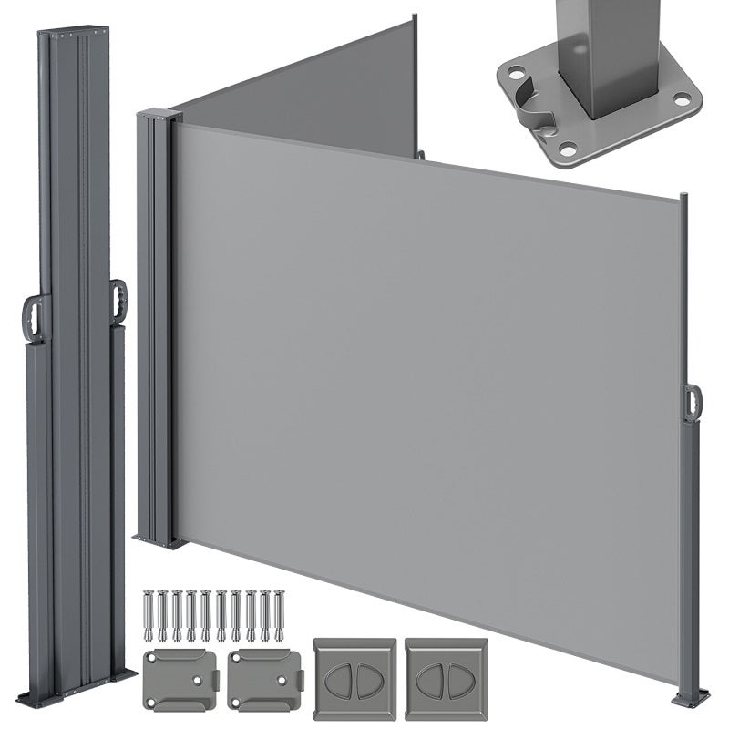 Toldo lateral retráctil 6 x 1,6 m, doble biombo exterior, toldo lateral con asa, pantalla de intimidad plegable impermeable, cortina de jardín gris
