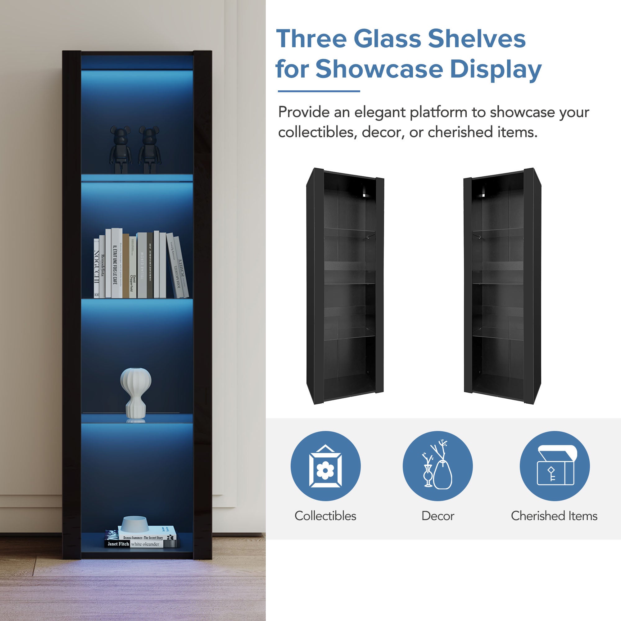 Vitrina L 166 cm con LED - 3 estantes de cristal - Negro - 8