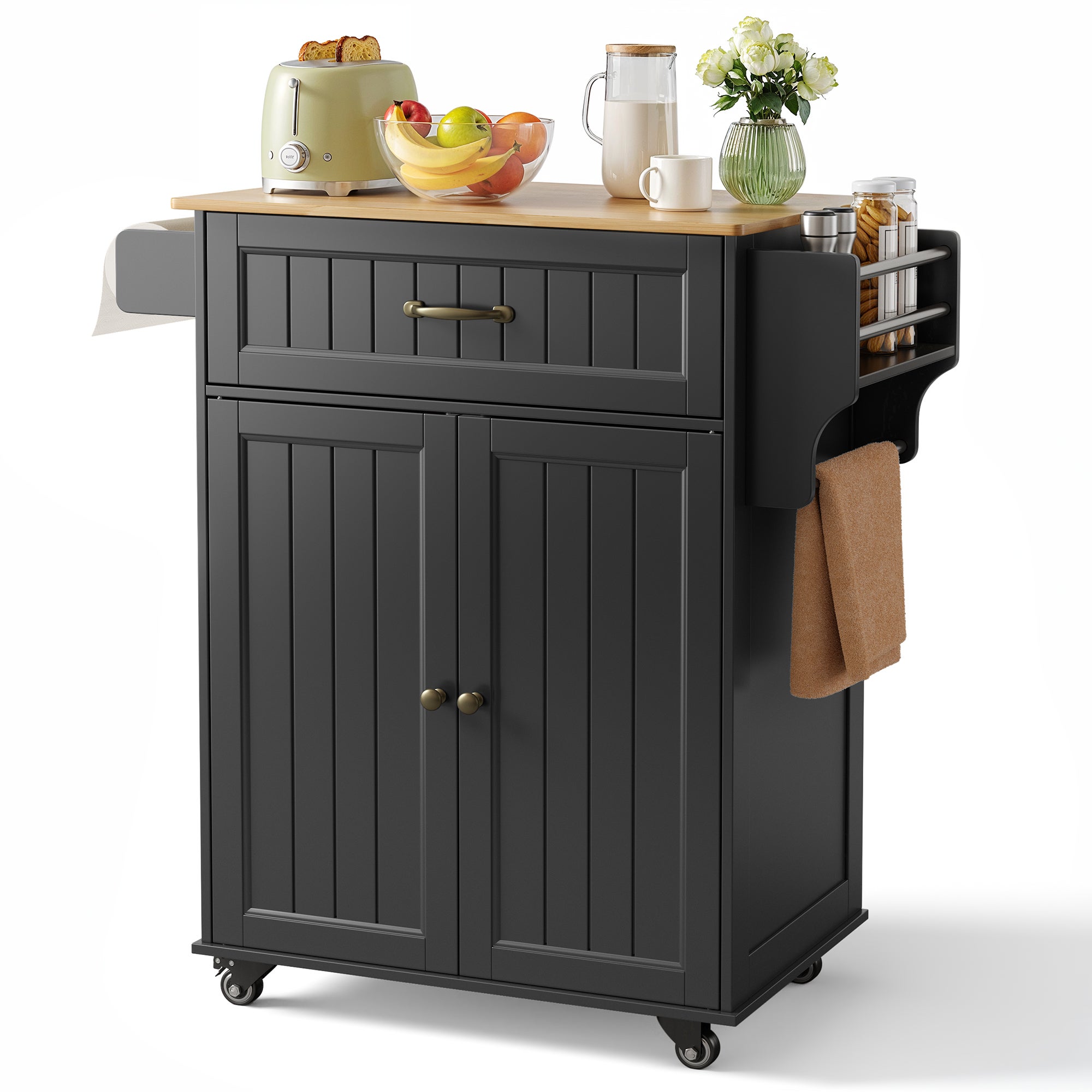 Bealife Wyspa Kuchenna Centralna z Kołkami 3 Poziomy Przechowywanie z Szafą, Szufladą, Nośnikiem do Przypraw, Nośnikiem do Ręczników Czarny