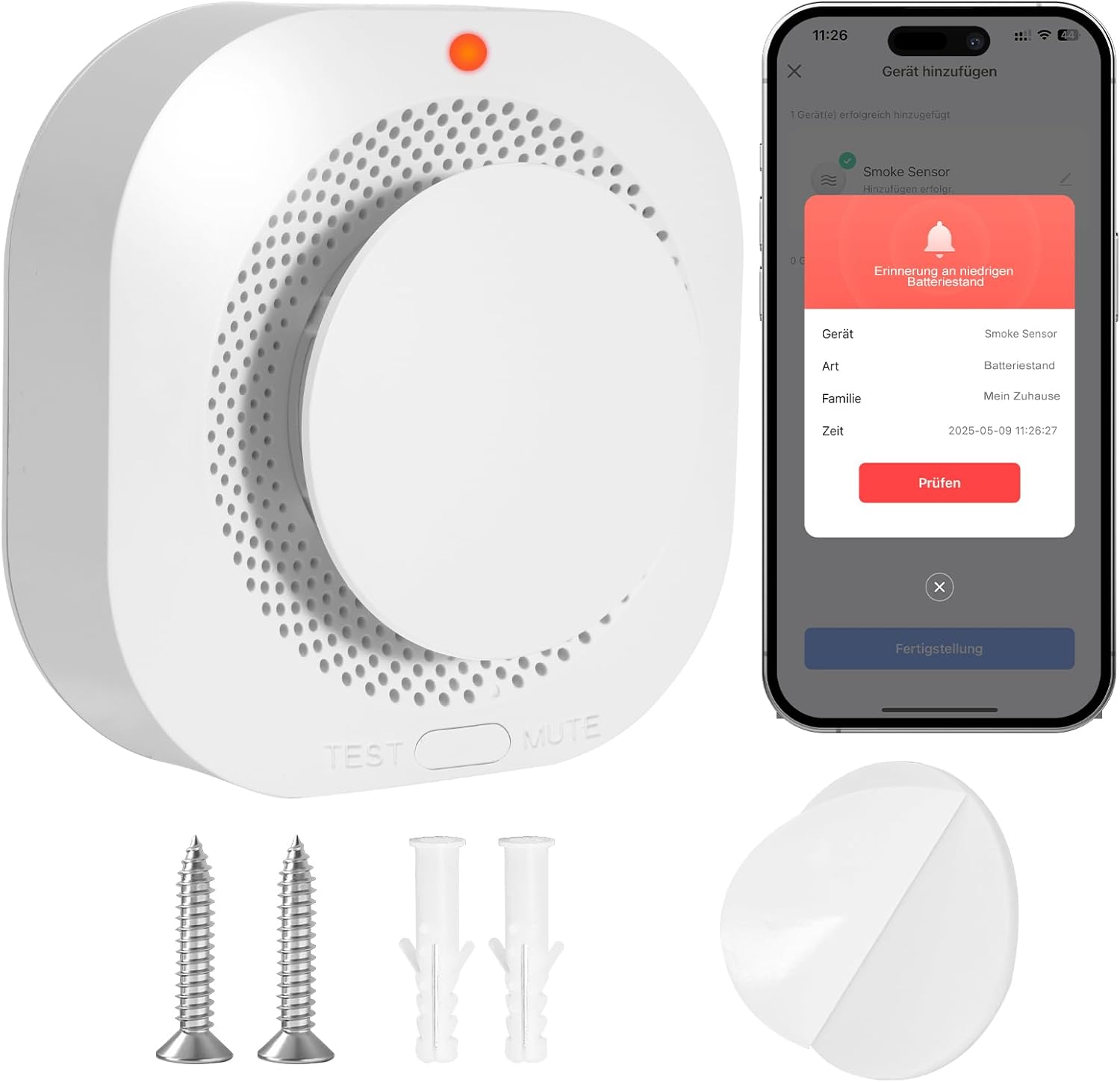Inteligentny czujnik dymu, bezprzewodowy czujnik dymu, alarm przeciwpożarowy z siecią WLAN, obsługa aplikacji, czujnik dymu z mocowaniem samoprzylepny