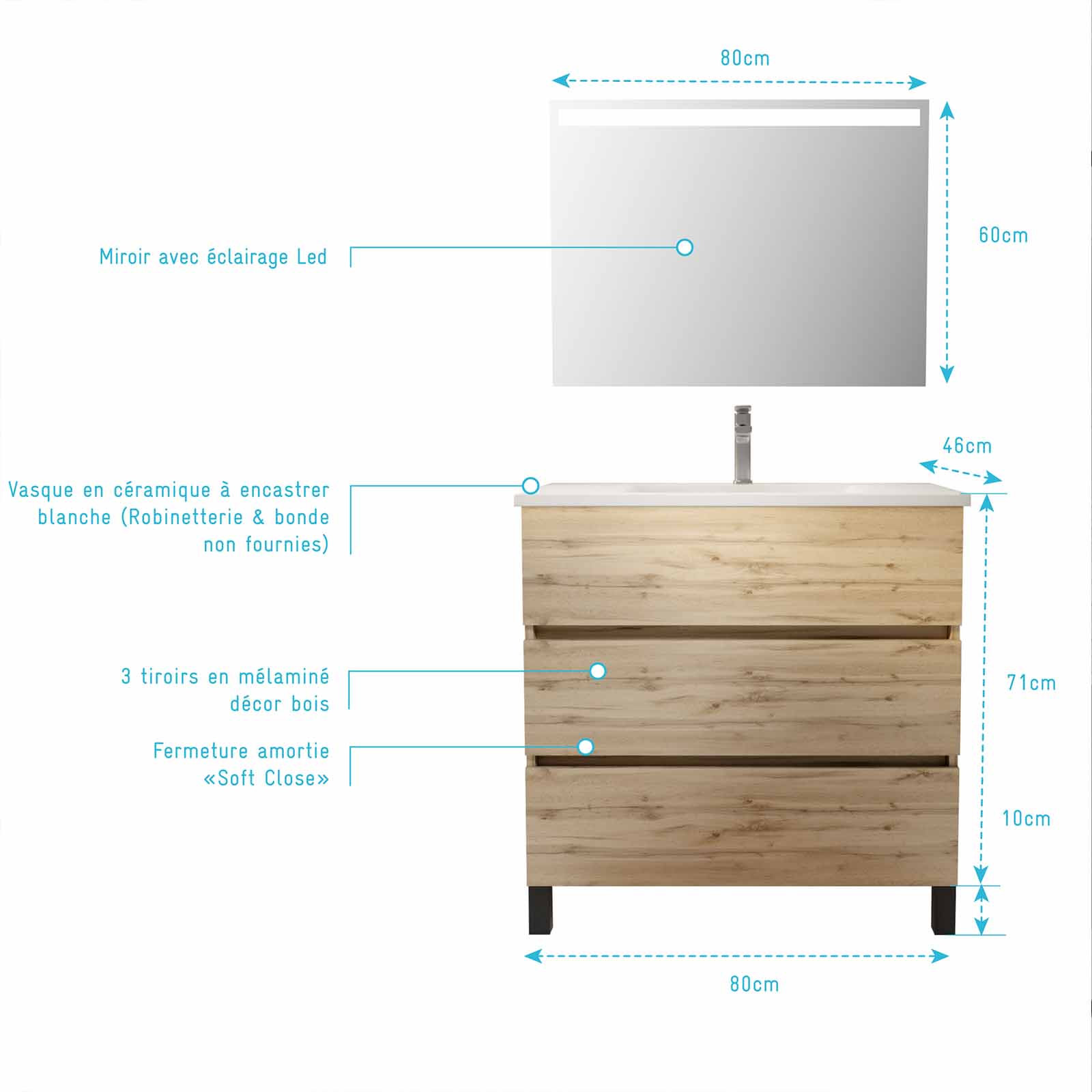 Pack Meuble SDB 80cm sur pieds 3 tiroirs Chene_Vasque blanche + Miroir Led - TIMBER 80_Pack46 - 4