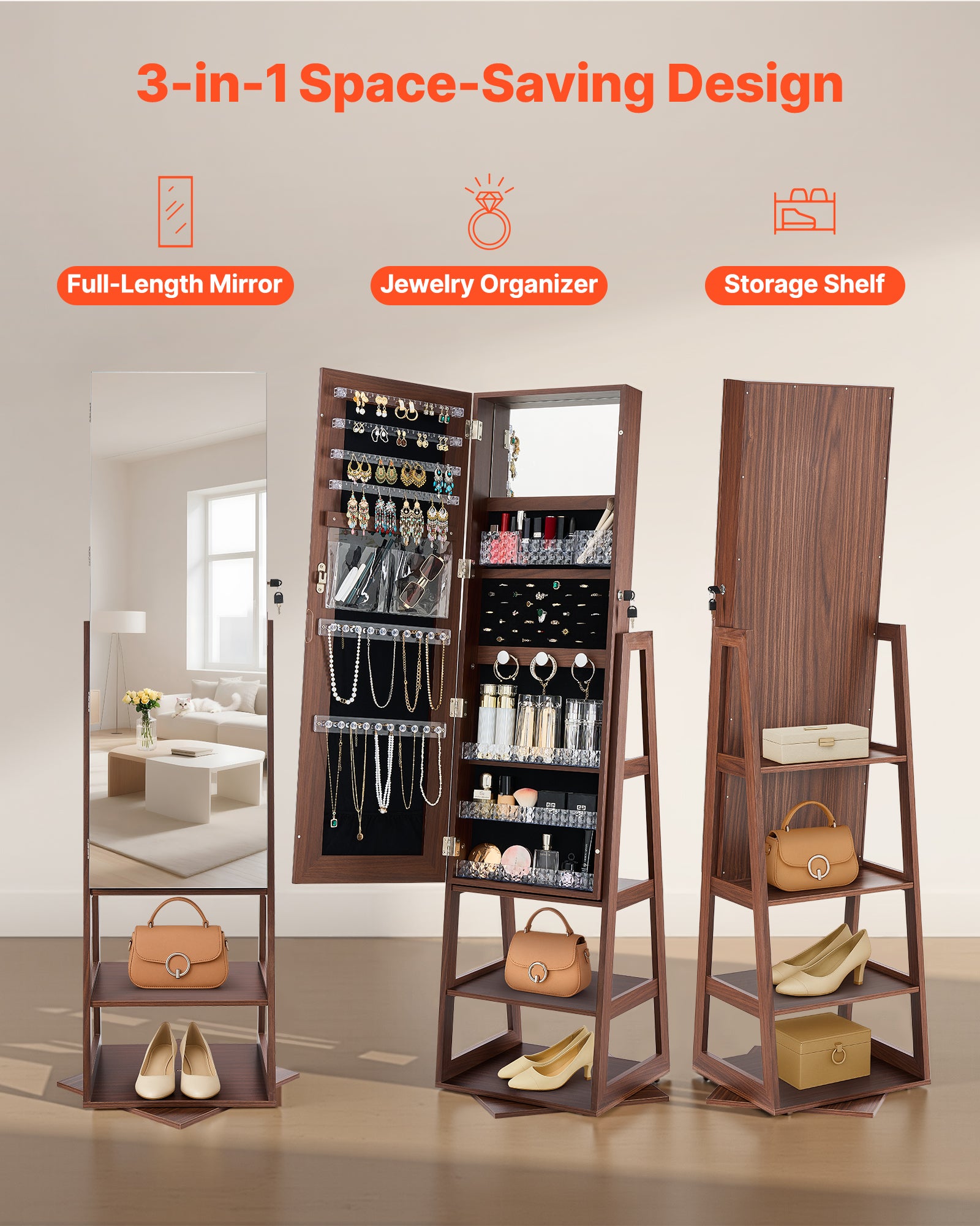 Armoire à Bijoux Pivotante VEVOR 360°, sur Pied 1550 mm avec Miroir Pleine Longueur, Rangement & Porte Verrouillable à 2 Clés, Pochettes Accessoires - 5