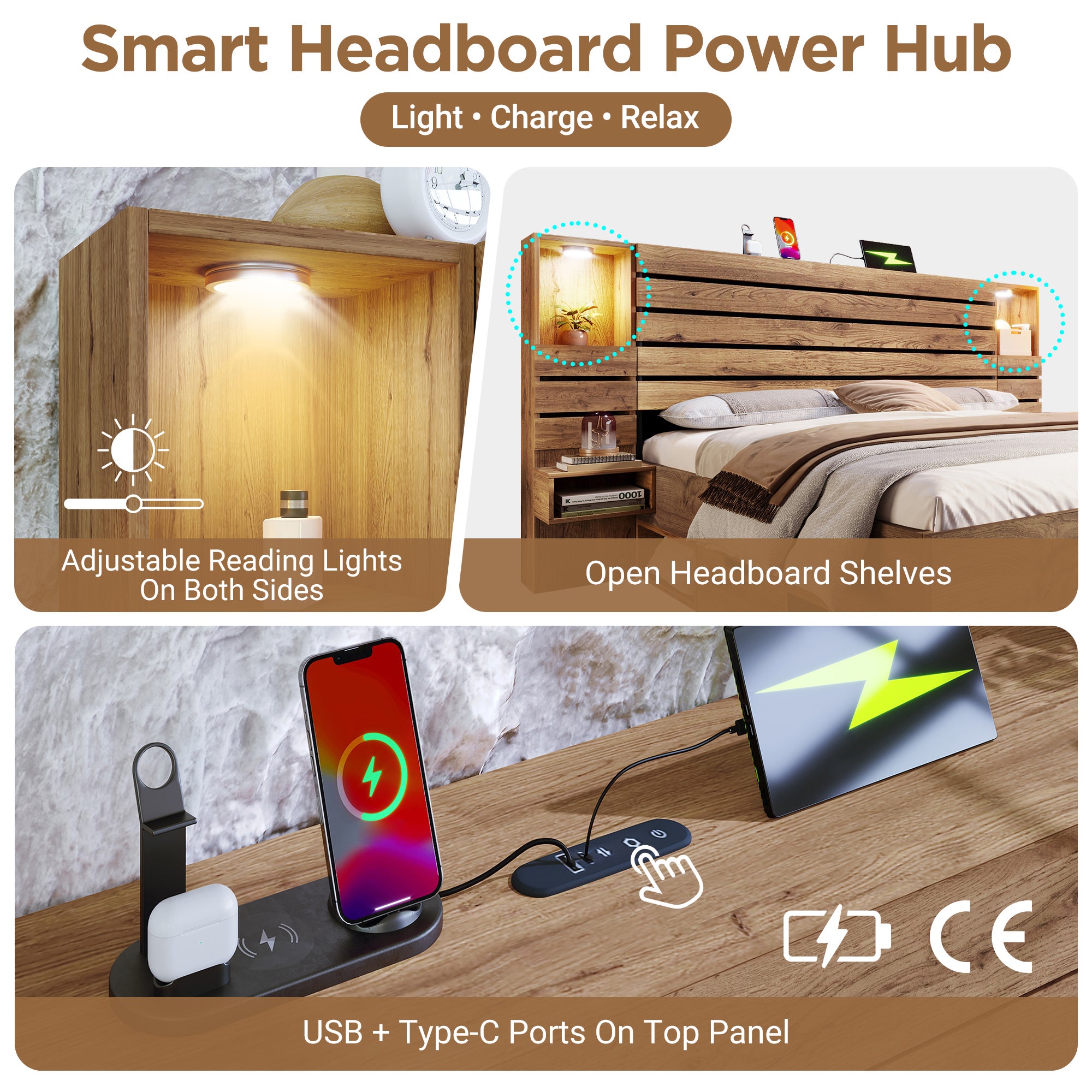 Lit en Bois Massif 160x200 cm, Lit Double avec Éclairage LED, avec USB Type-C, lit de Rangement avec 3 tiroirs et Tables de Chevet (sans Matelas) - 4