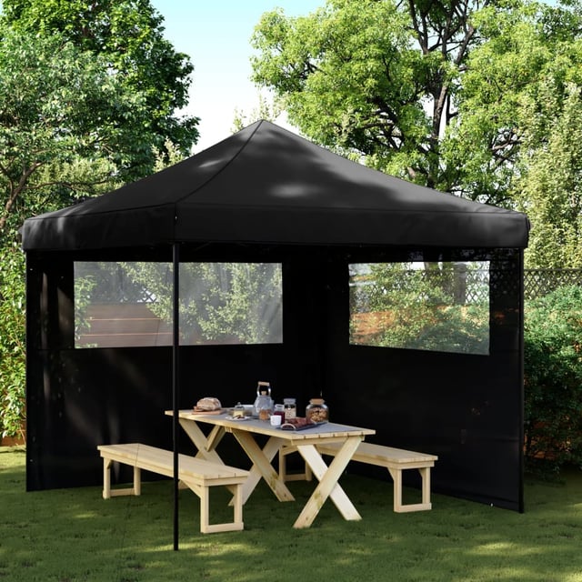 Tenda da festa pieghevole e retrattile, 2 pareti laterali, nera