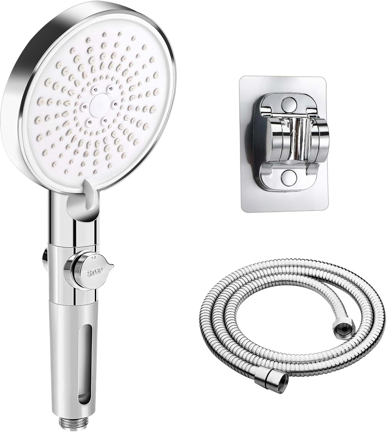 Pommeau De Douche Haute Pression Avec Tuyau 1,5 M Et Support - 4 Jets, Anti-calcaire, économie D'eau - Gris Argenté