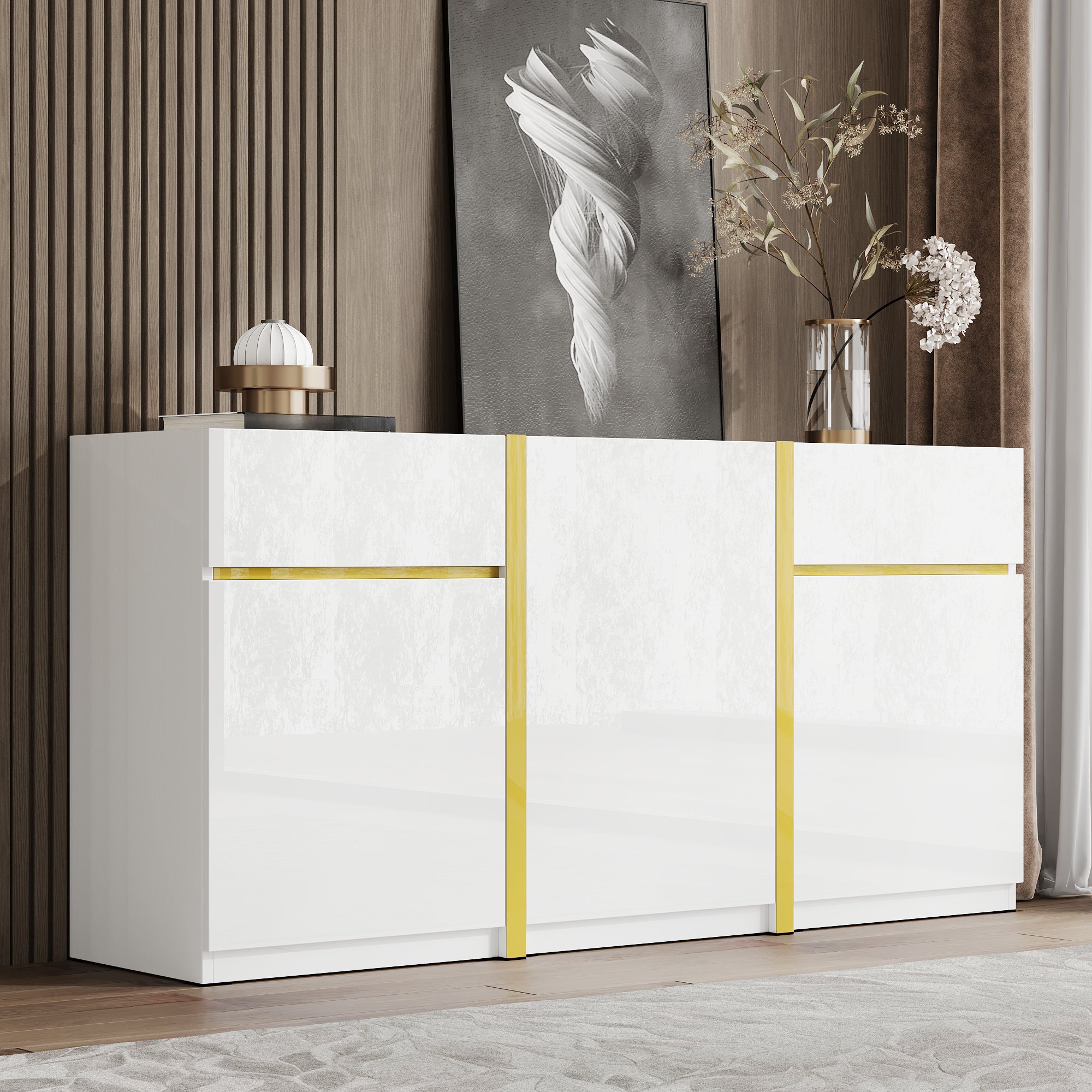 Komoda z 3 drzwiami i 2 szufladami - 160 x 40 x 78 cm - Wykończenie błyszczące - Płyta wiórowa + MDF - Kolor biały